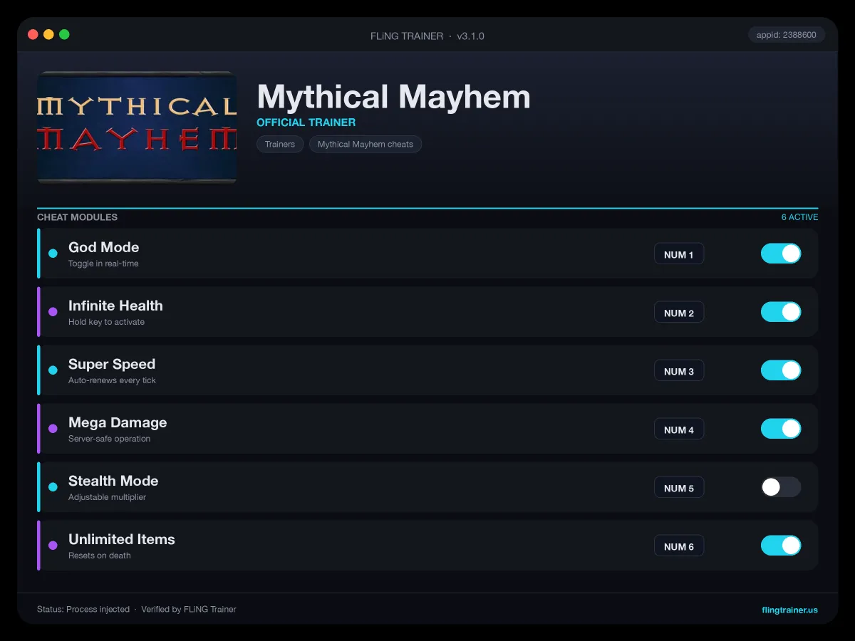 Mythical Mayhem Trainer interface