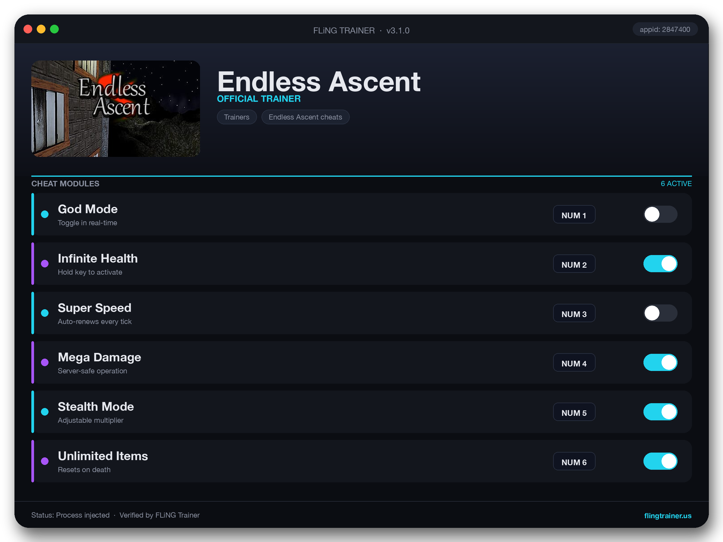 Endless Ascent Trainer interface