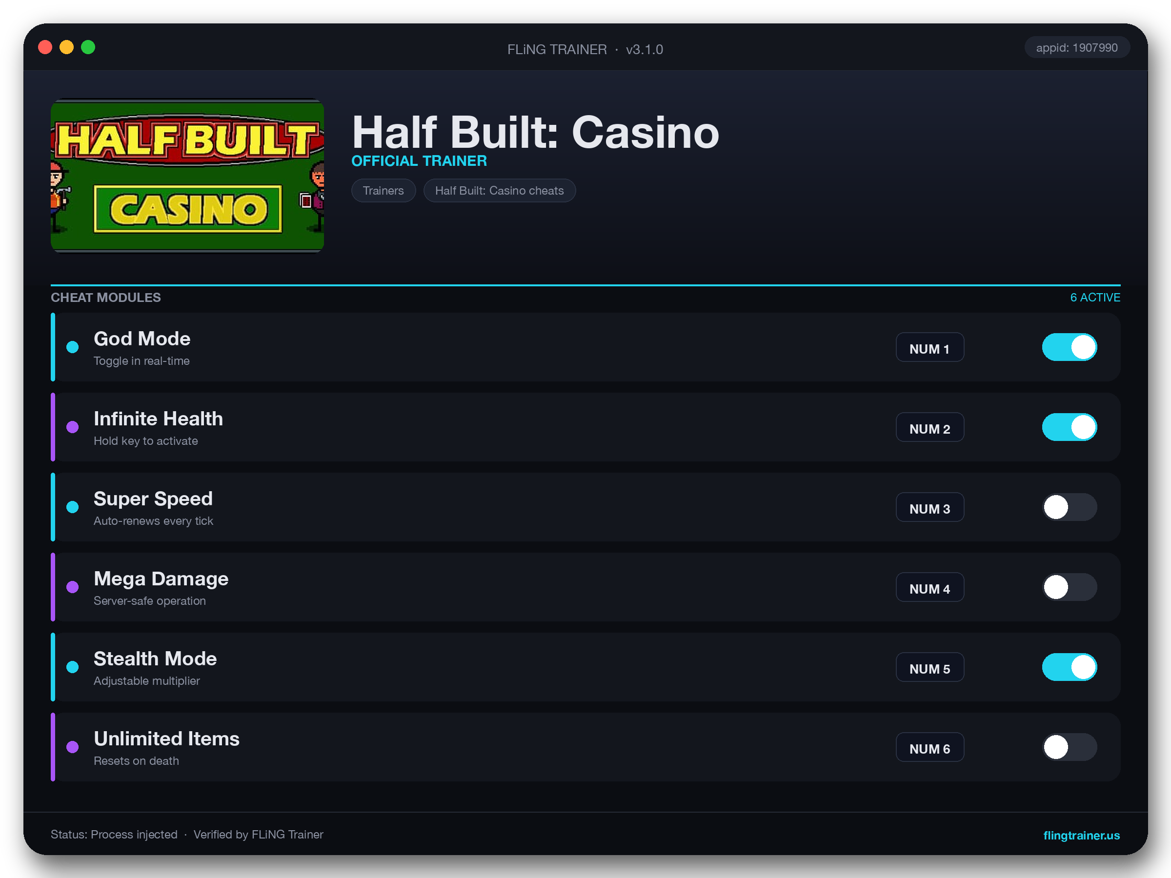 Half Built: Casino Trainer interface
