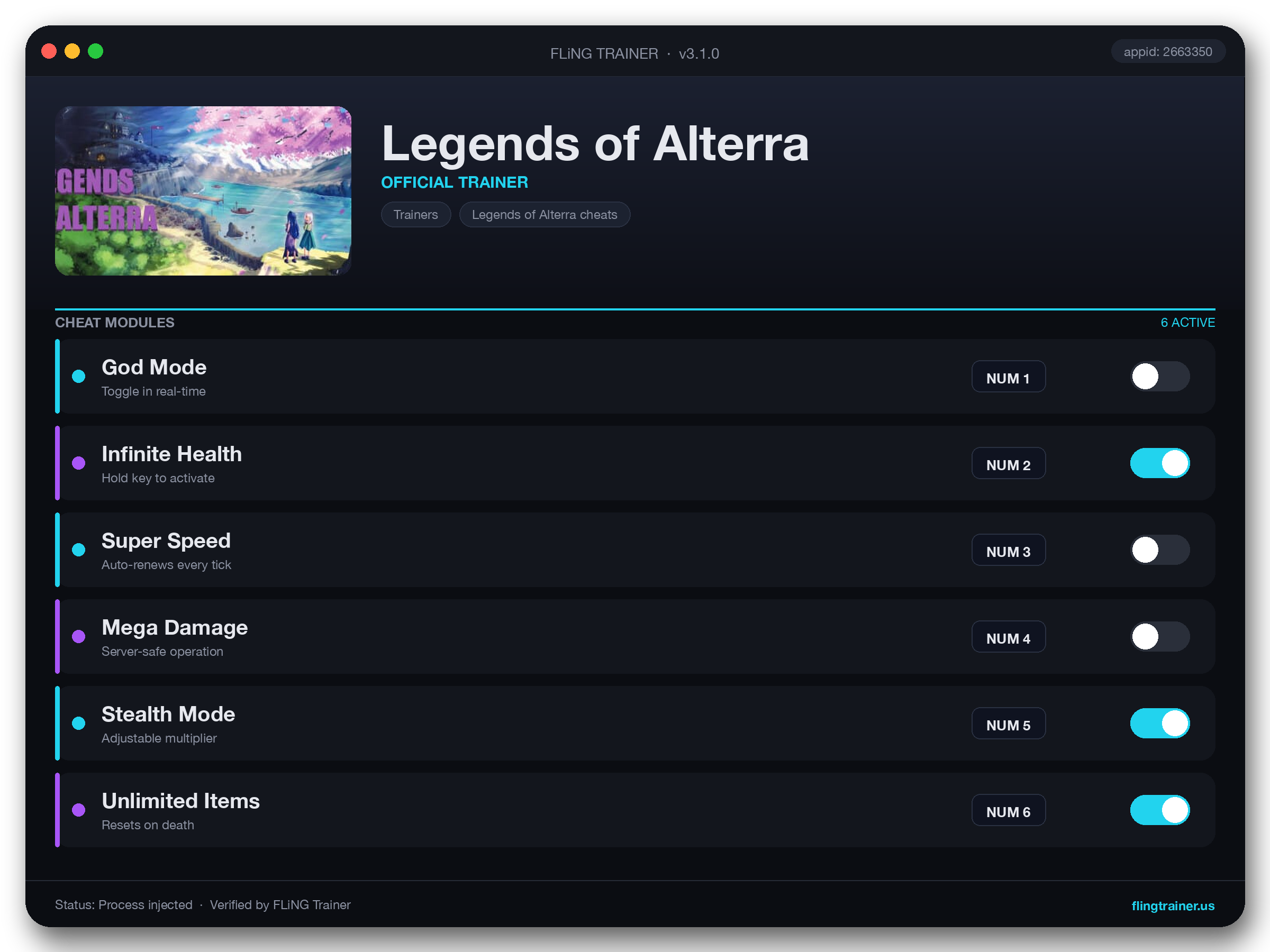 Legends of Alterra Trainer interface
