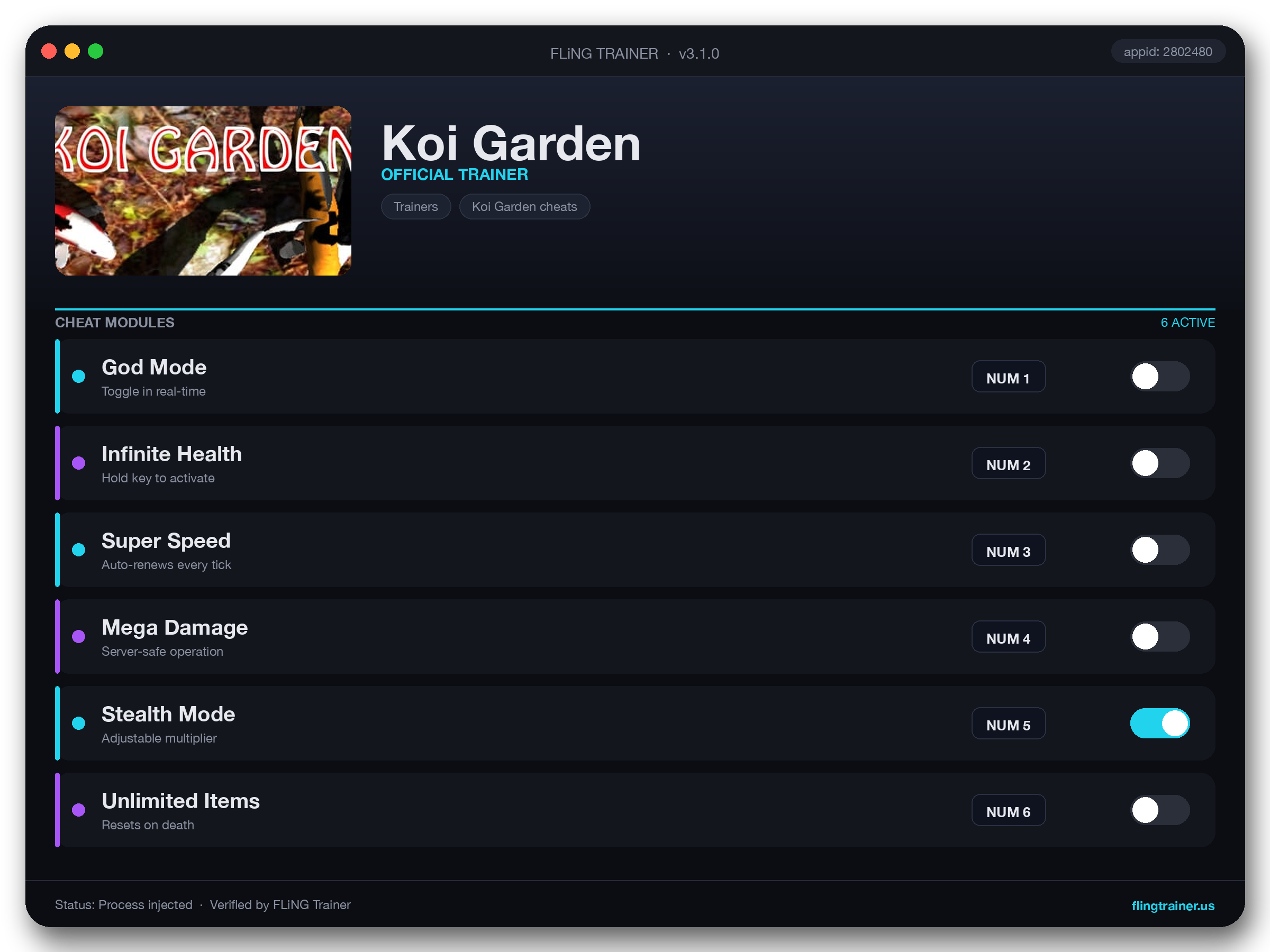 Koi Garden Trainer interface