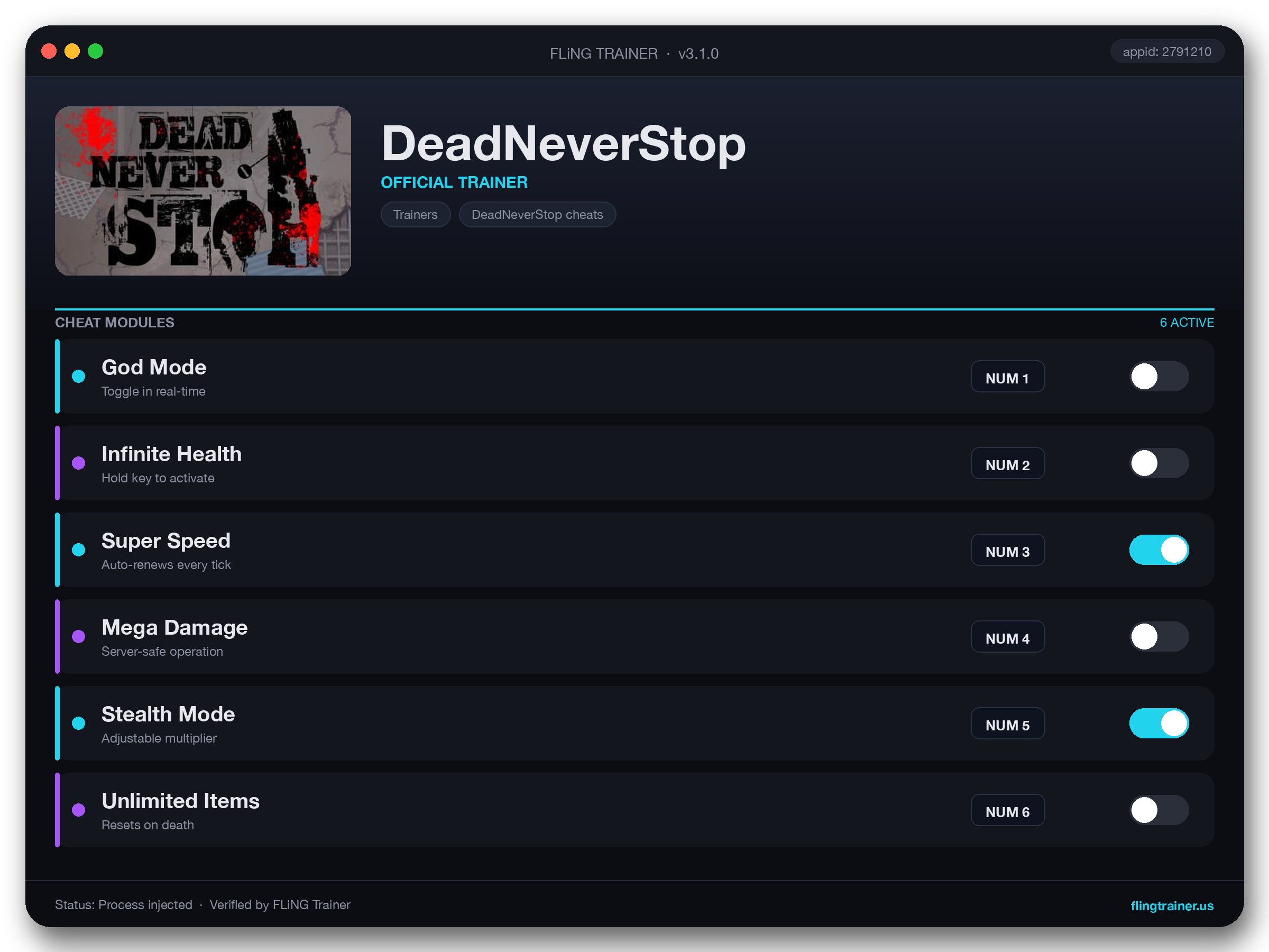 DeadNeverStop Trainer interface