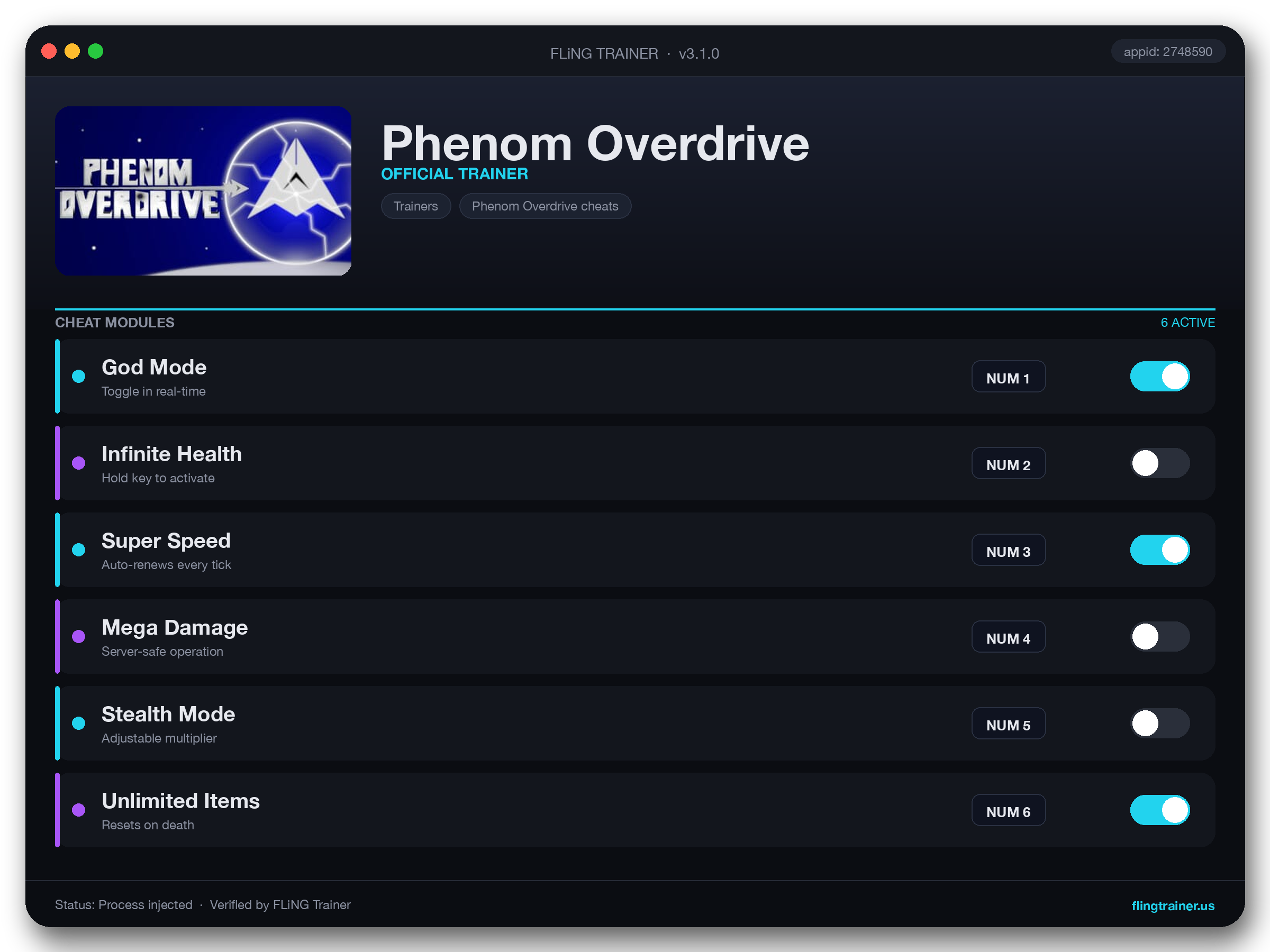 Phenom Overdrive Trainer interface