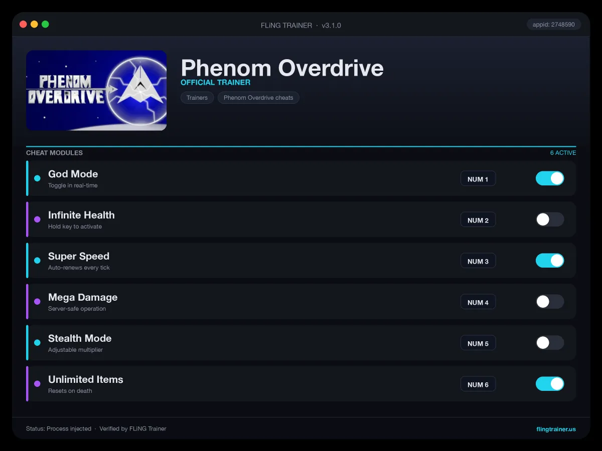 Phenom Overdrive Trainer interface