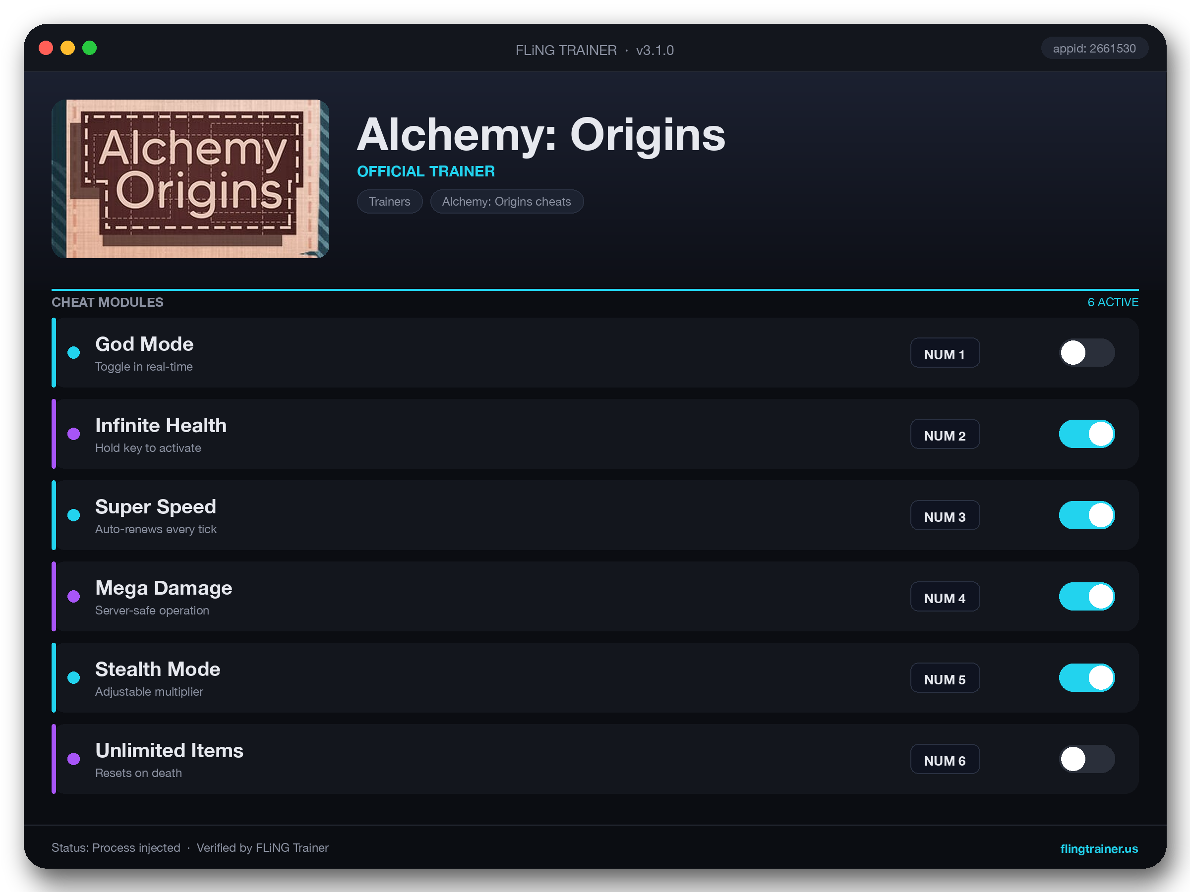 Alchemy: Origins Trainer interface