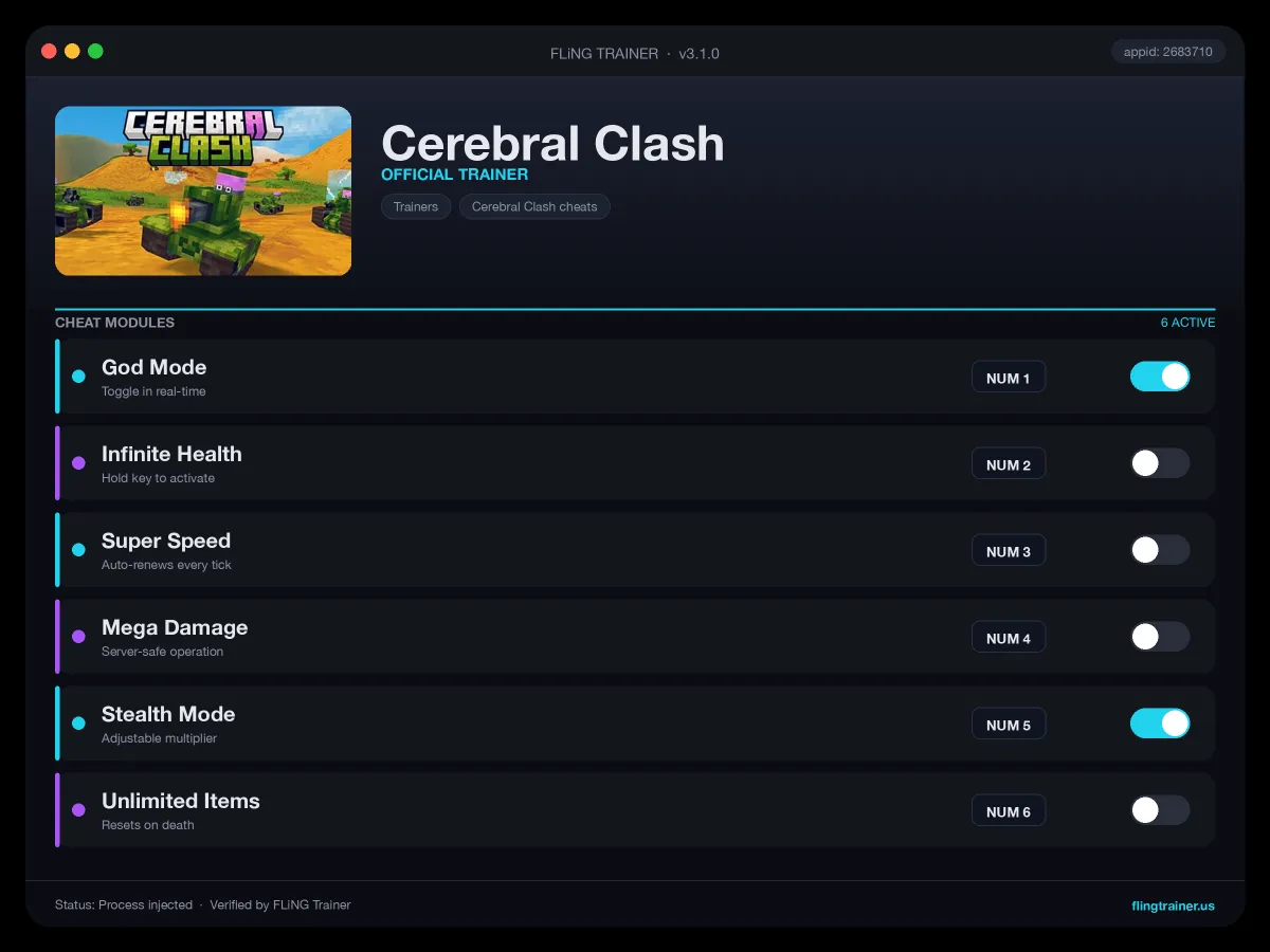 Cerebral Clash Trainer interface