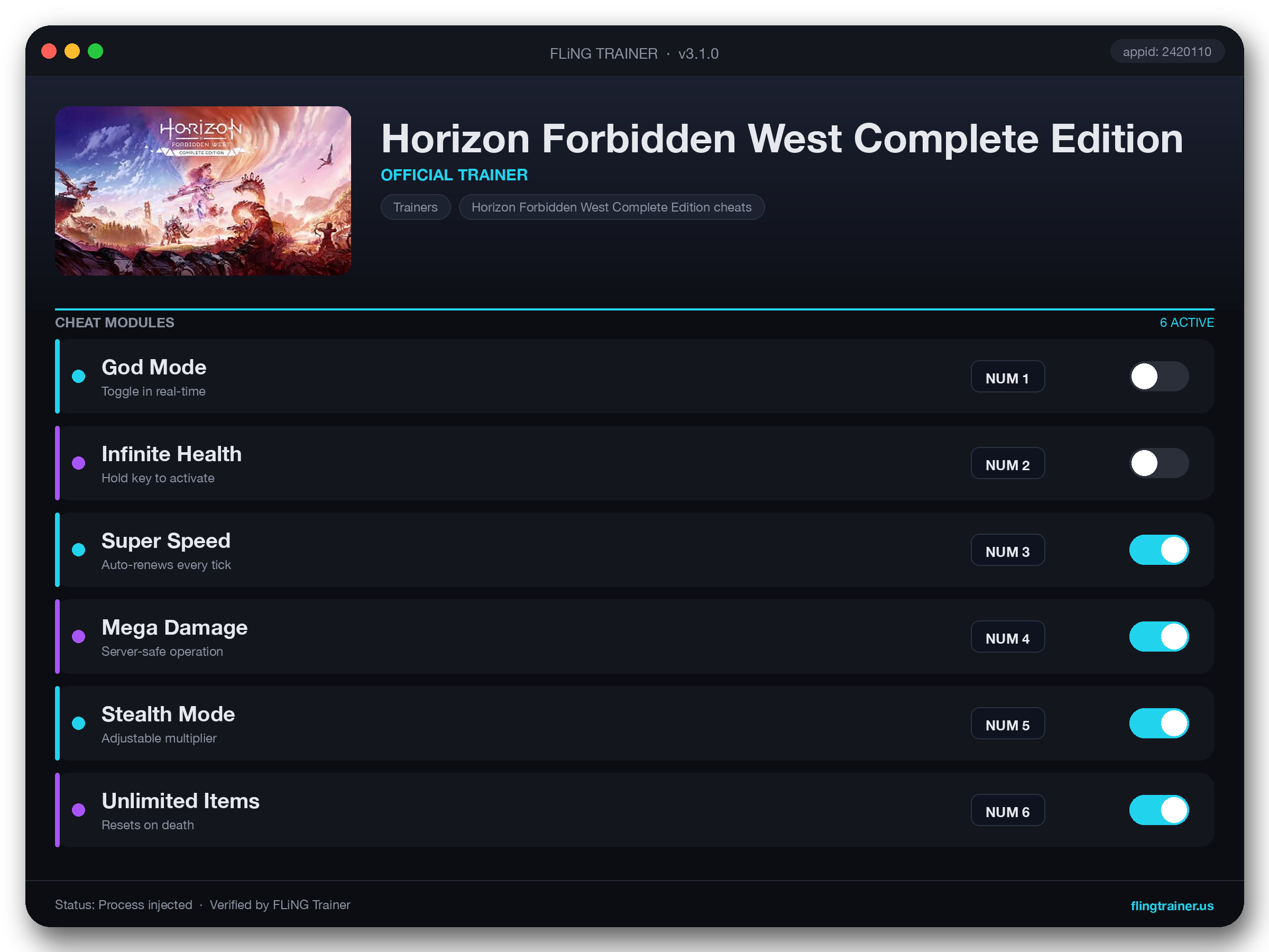 Horizon Forbidden West Complete Edition Trainer interface