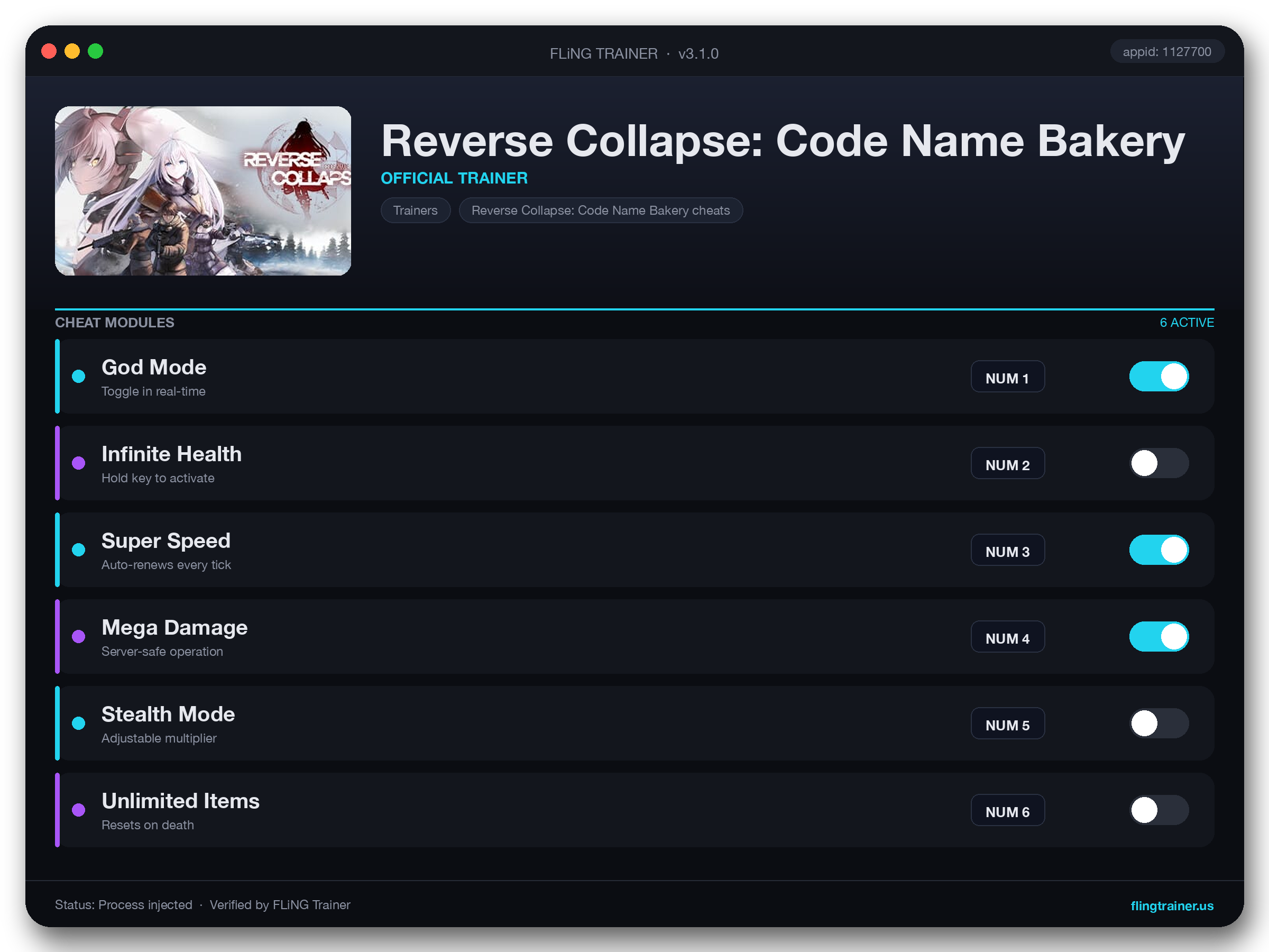 Reverse Collapse: Code Name Bakery Trainer interface