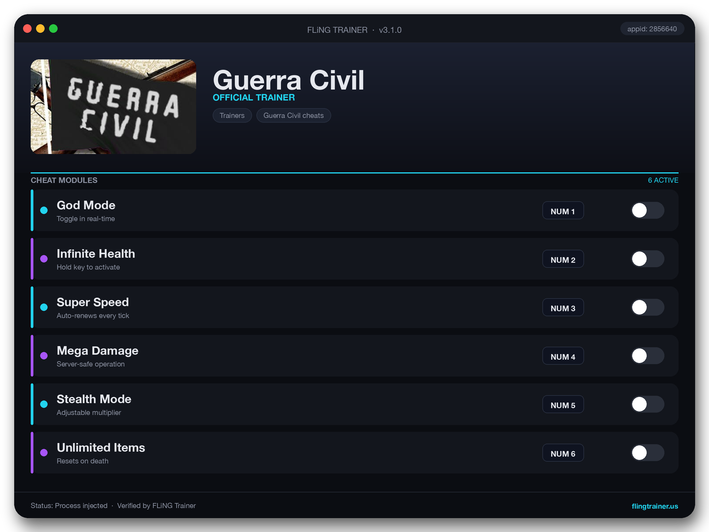 Guerra Civil Trainer interface