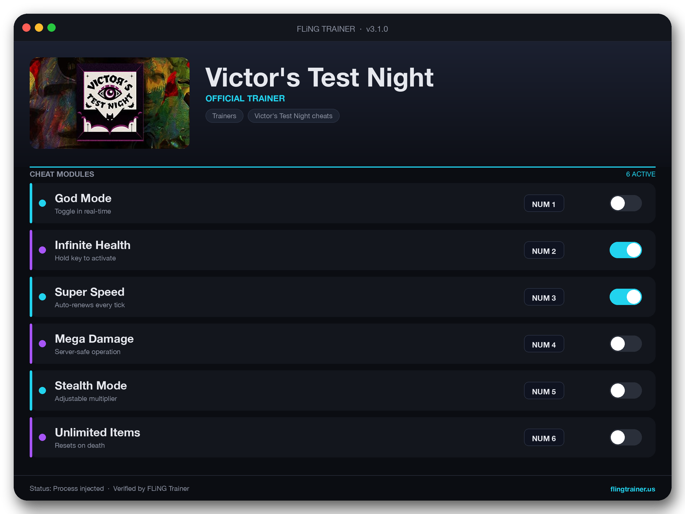 Victor's Test Night Trainer interface