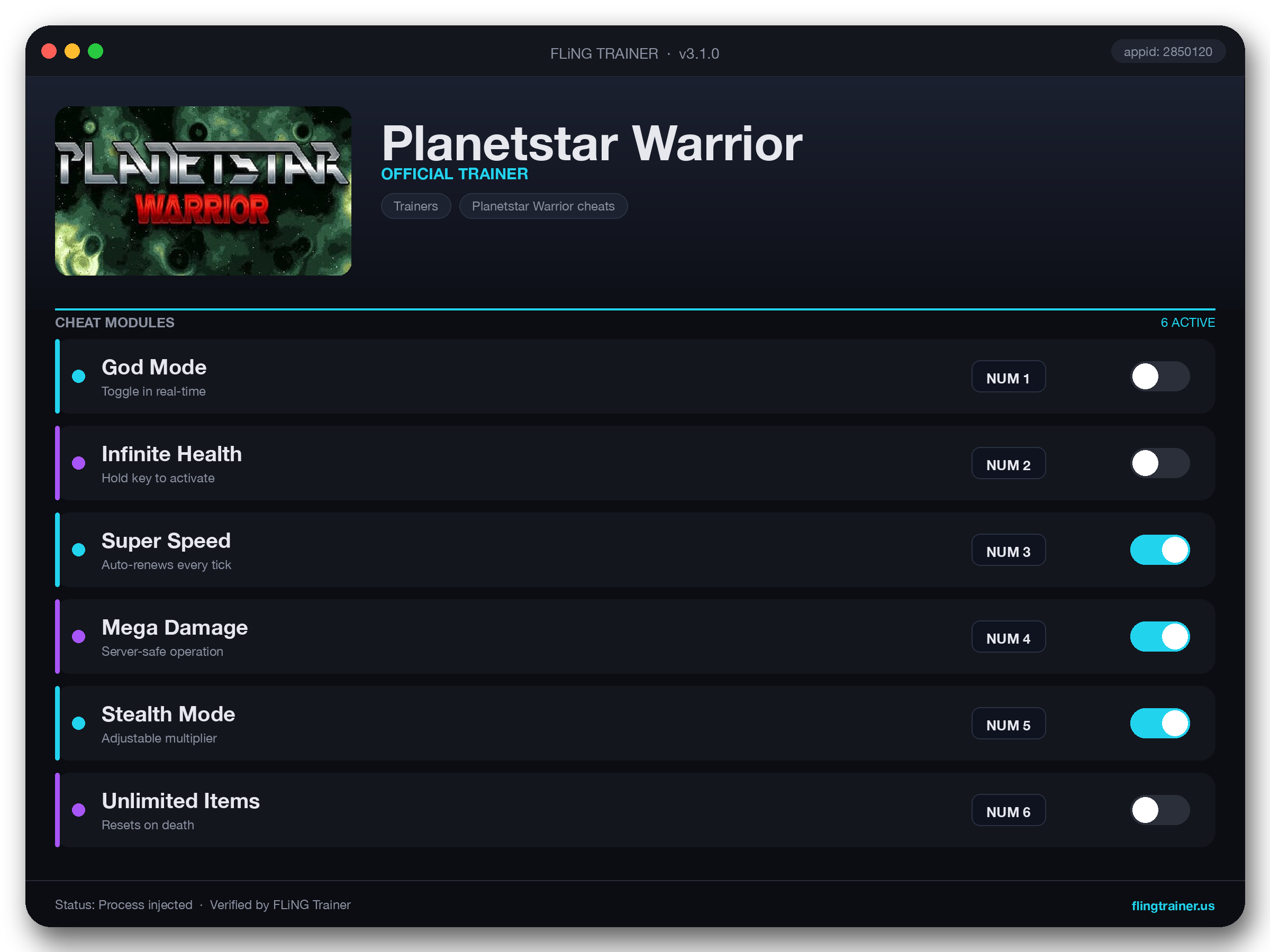 Planetstar Warrior Trainer interface