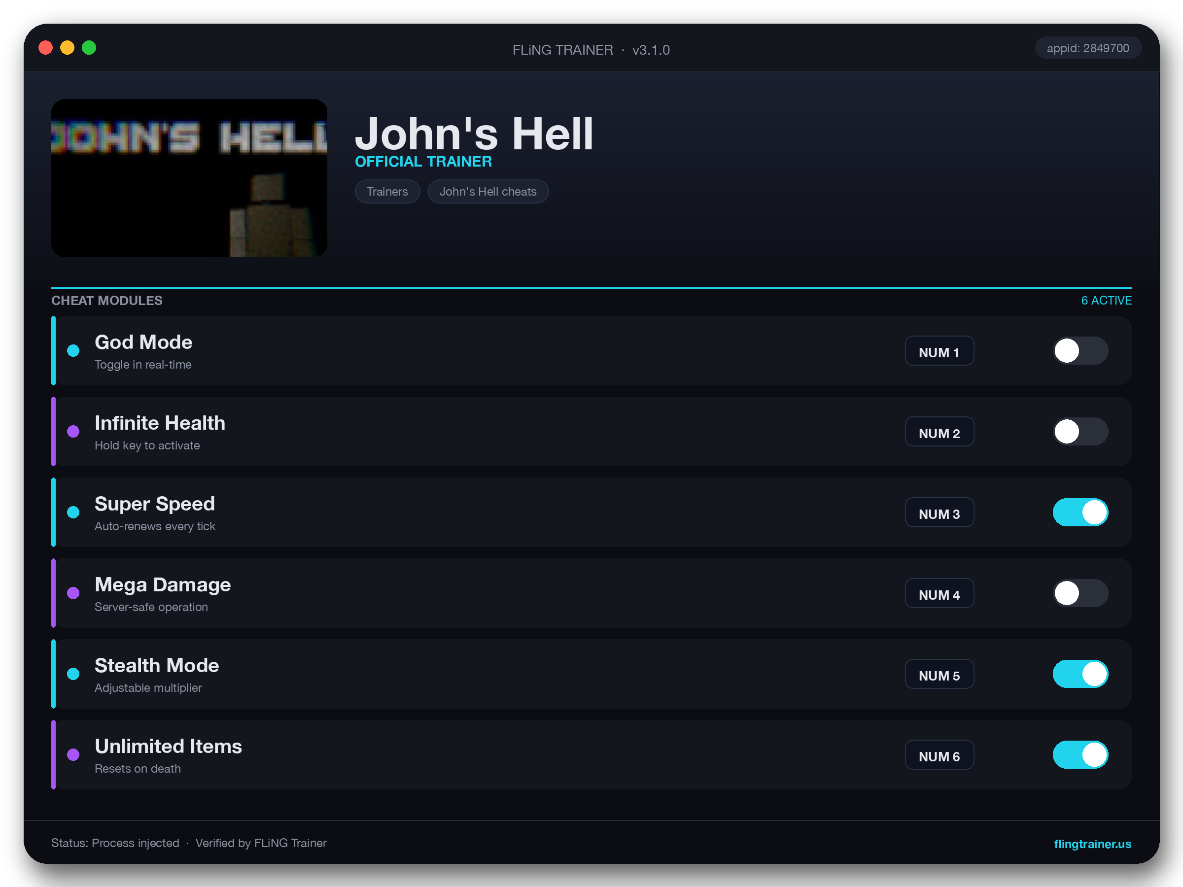 John's Hell Trainer interface