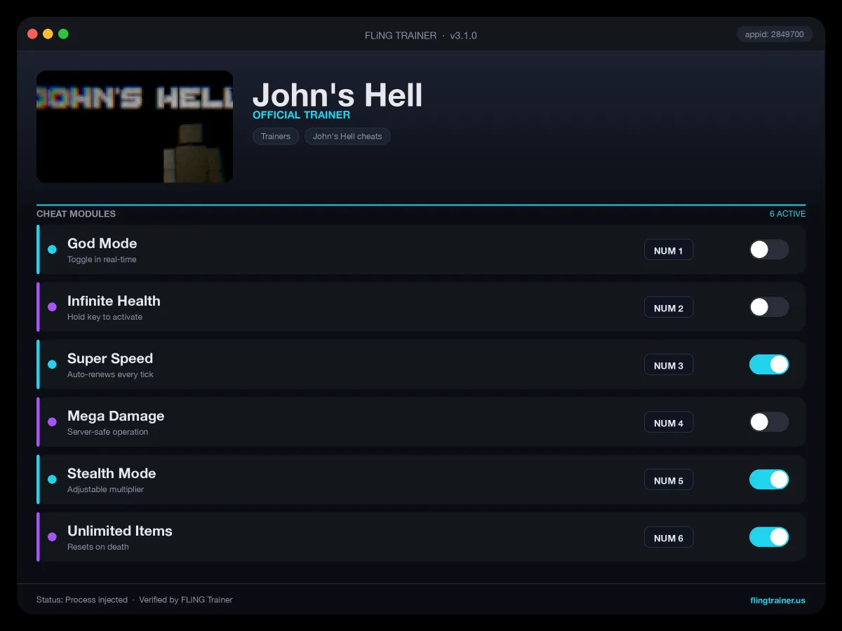 John's Hell Trainer interface
