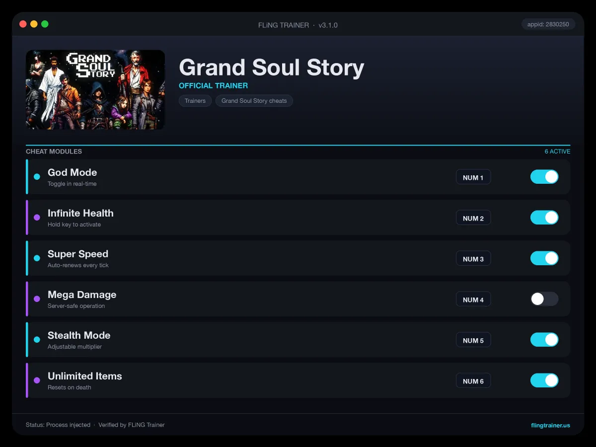 Grand Soul Story Trainer interface