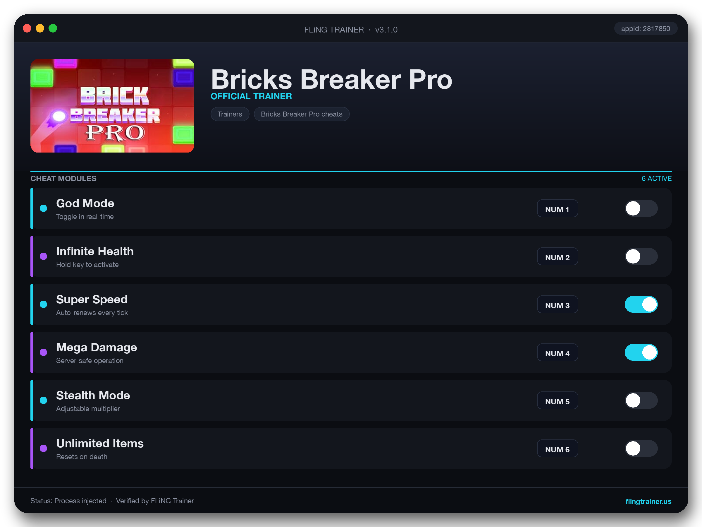 Bricks Breaker Pro Trainer interface