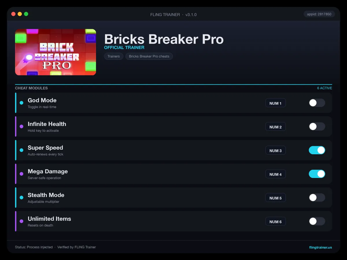 Bricks Breaker Pro Trainer interface