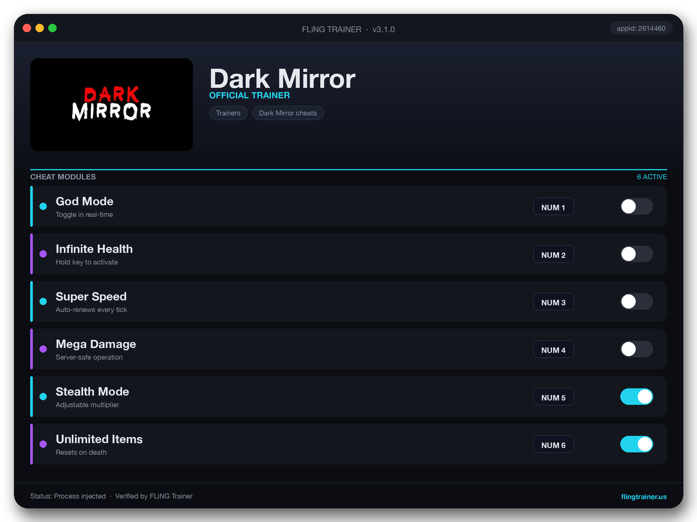 Dark Mirror Trainer interface