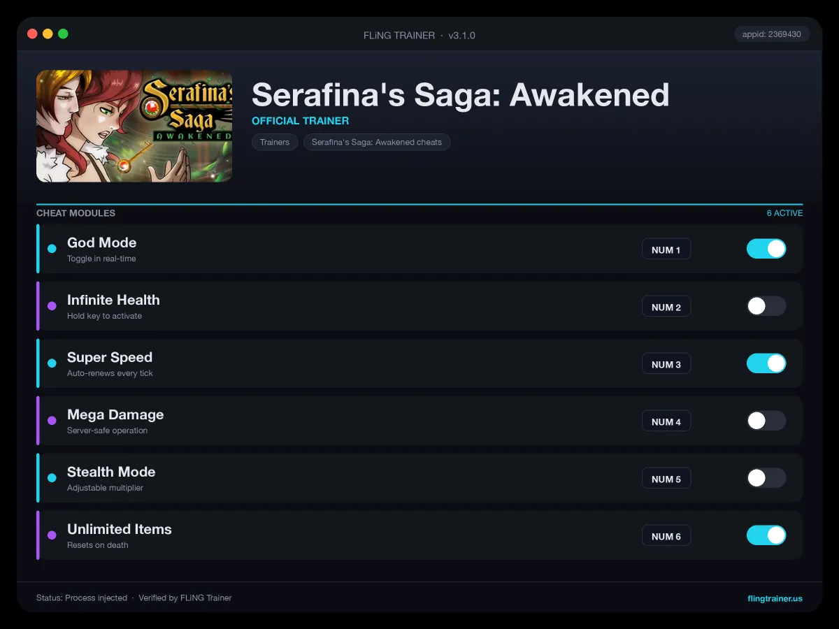 Serafina's Saga: Awakened Trainer interface