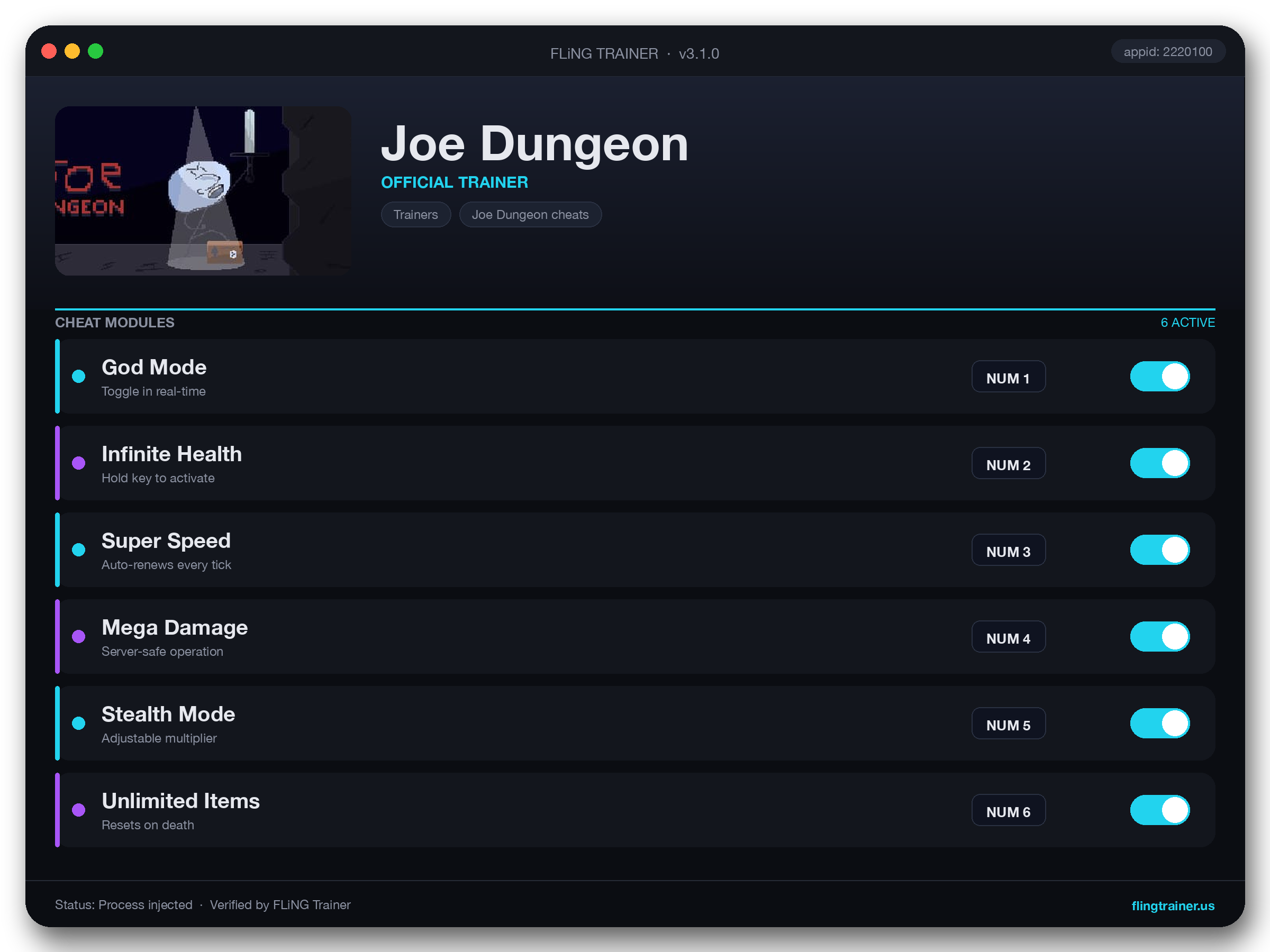 Joe Dungeon Trainer interface