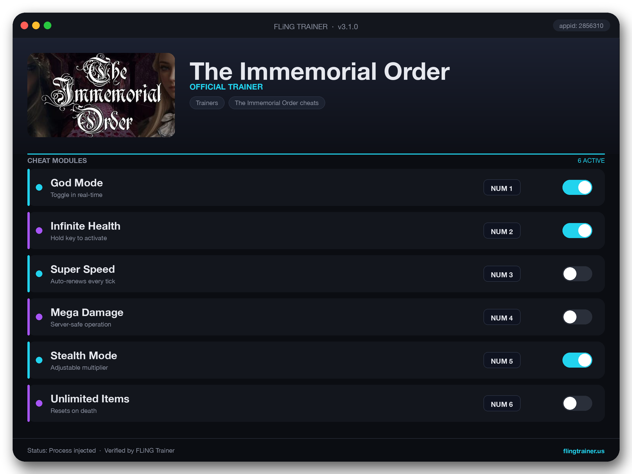 The Immemorial Order Trainer interface