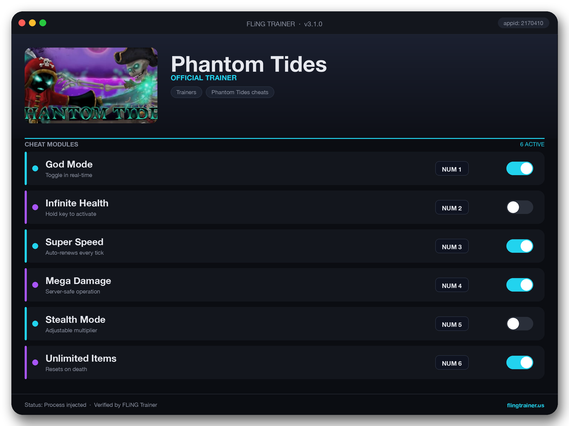 Phantom Tides Trainer interface