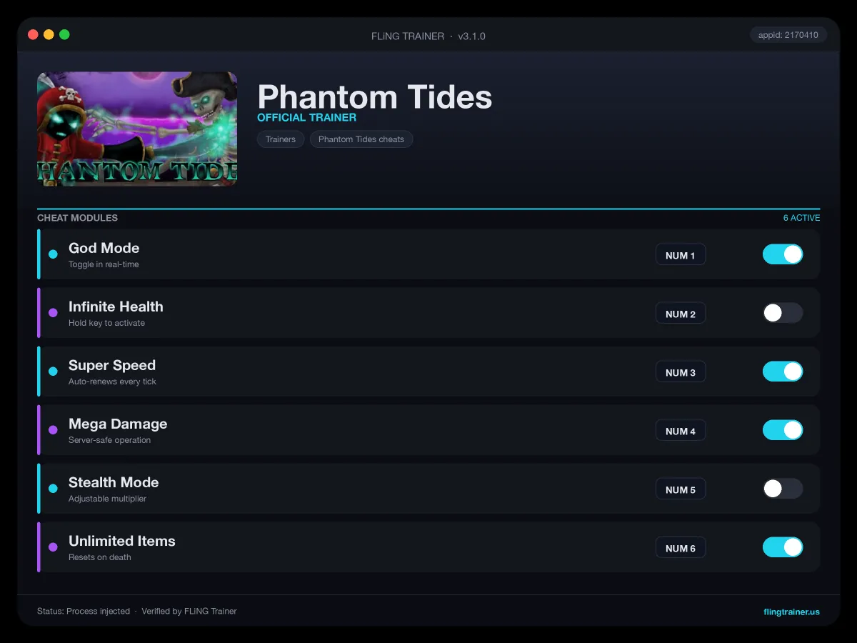 Phantom Tides Trainer interface