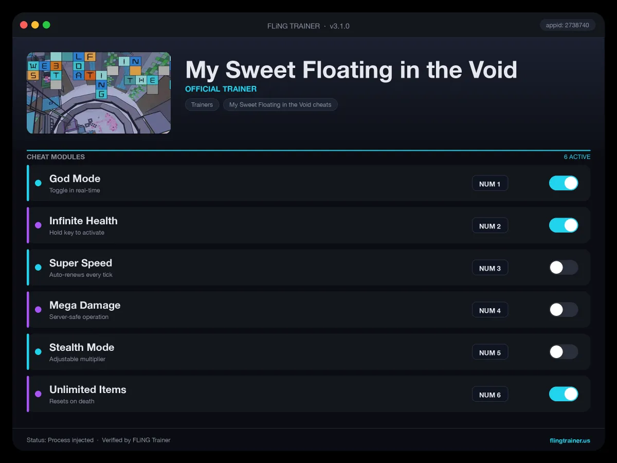 My Sweet Floating in the Void Trainer interface