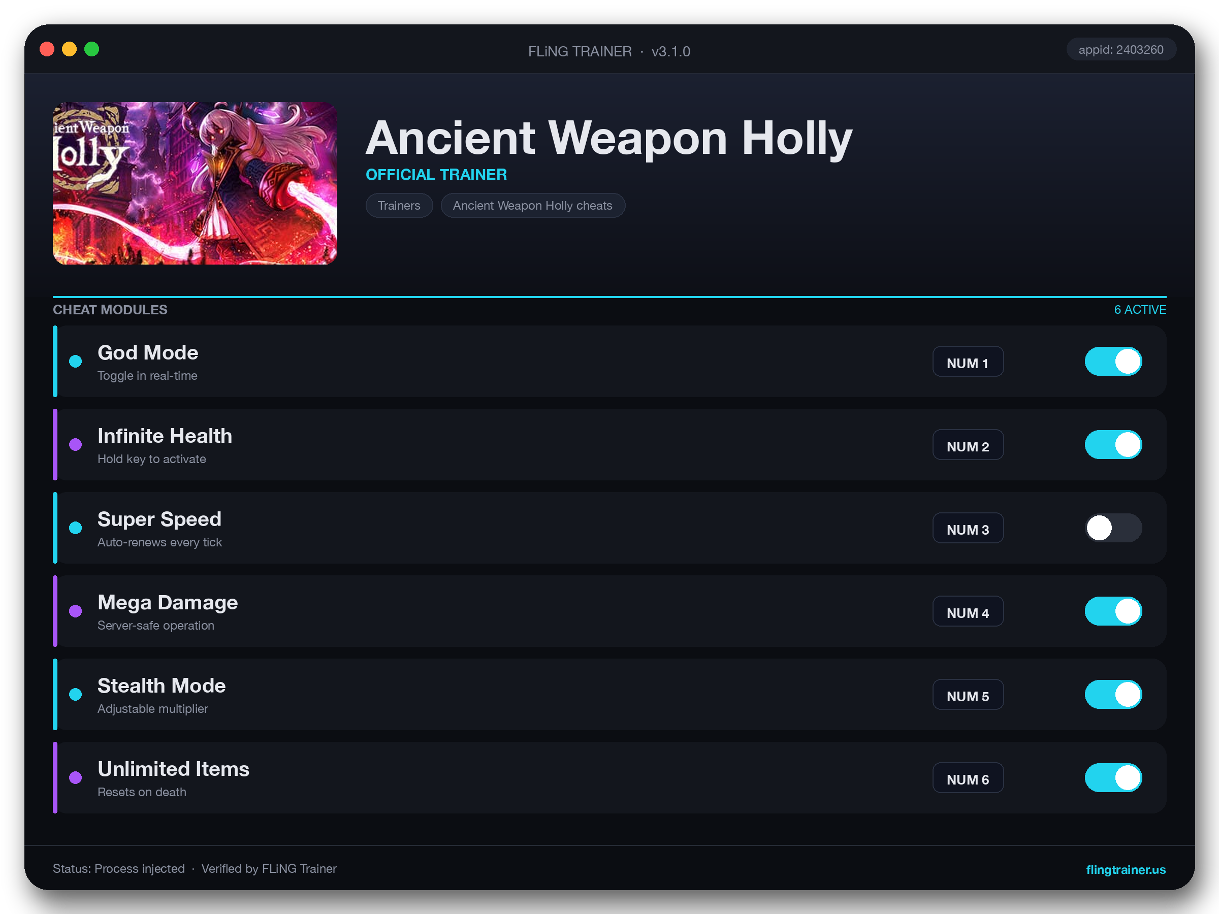 Ancient Weapon Holly Trainer interface