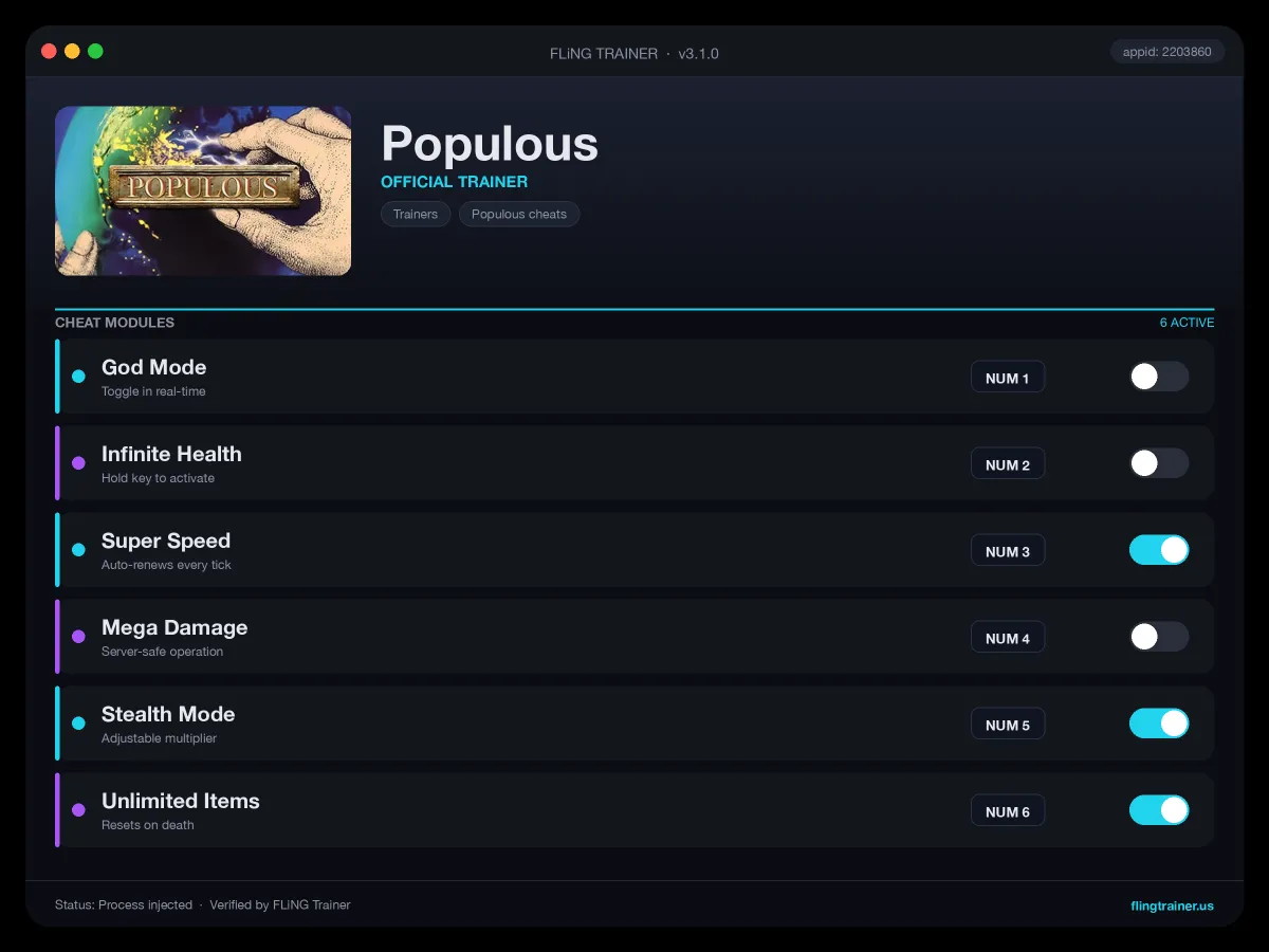Populous Trainer interface