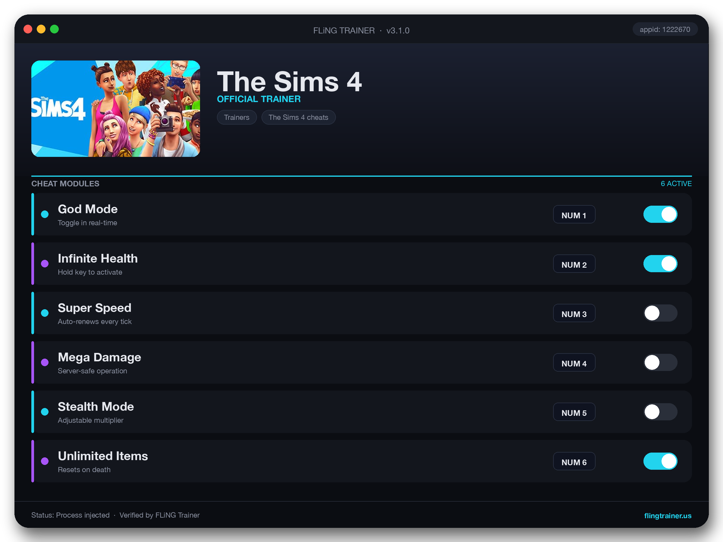 The Sims 4 Trainer interface