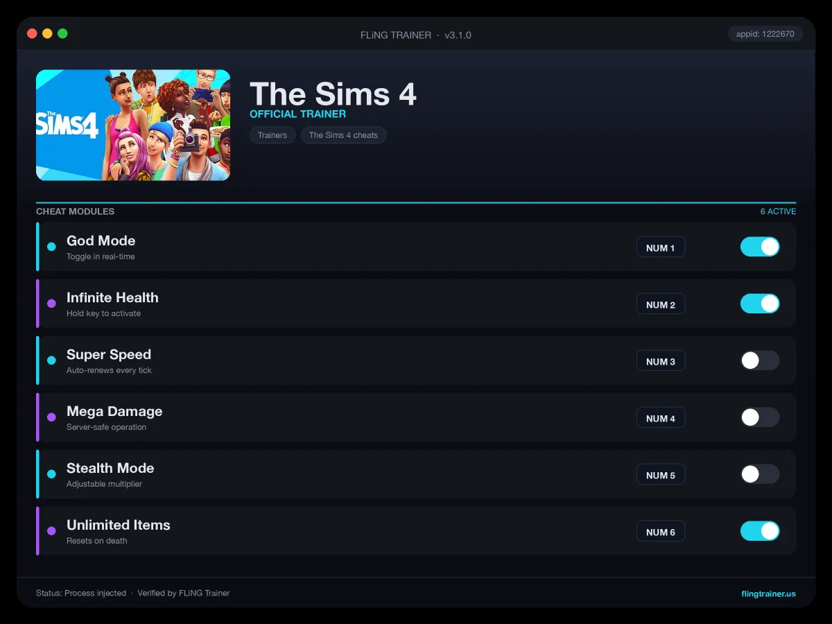 The Sims 4 Trainer interface