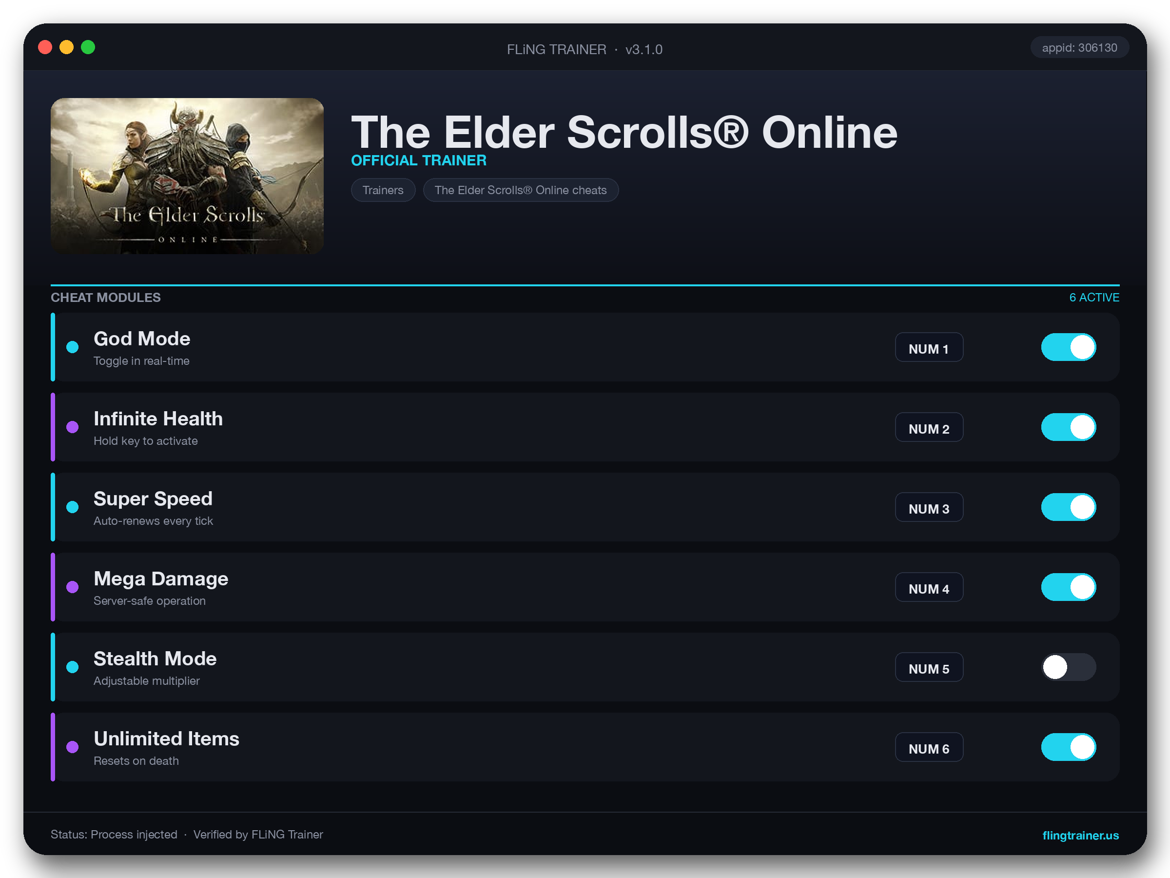 The Elder Scrolls® Online Trainer interface
