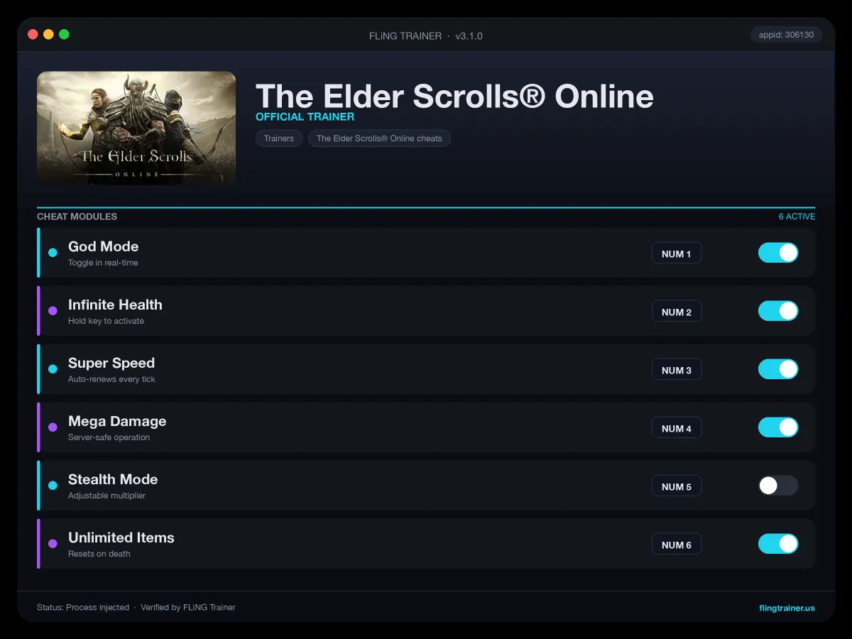 The Elder Scrolls® Online Trainer interface
