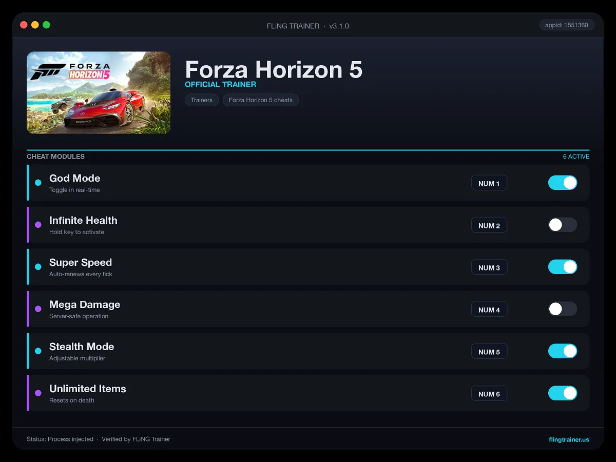 Forza Horizon 5 Trainer interface