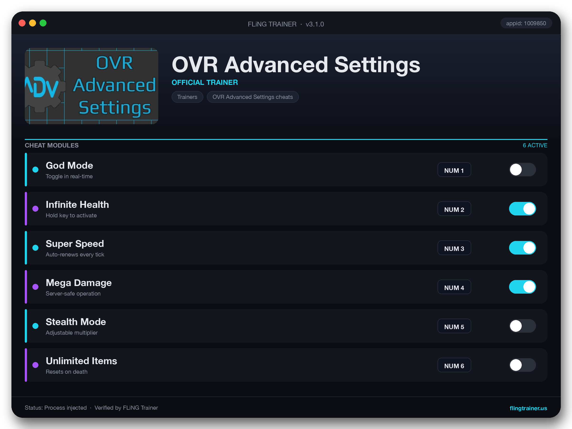 OVR Advanced Settings Trainer interface