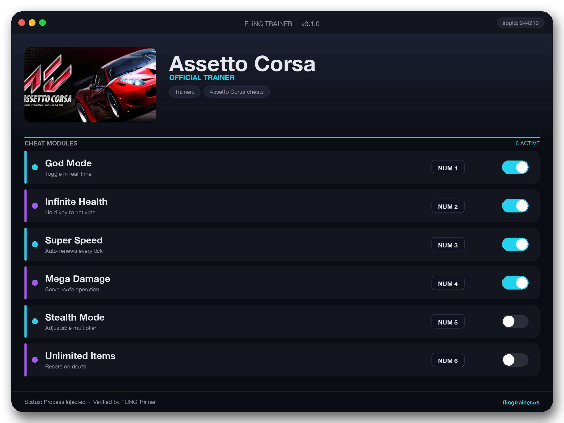 Assetto Corsa Trainer interface