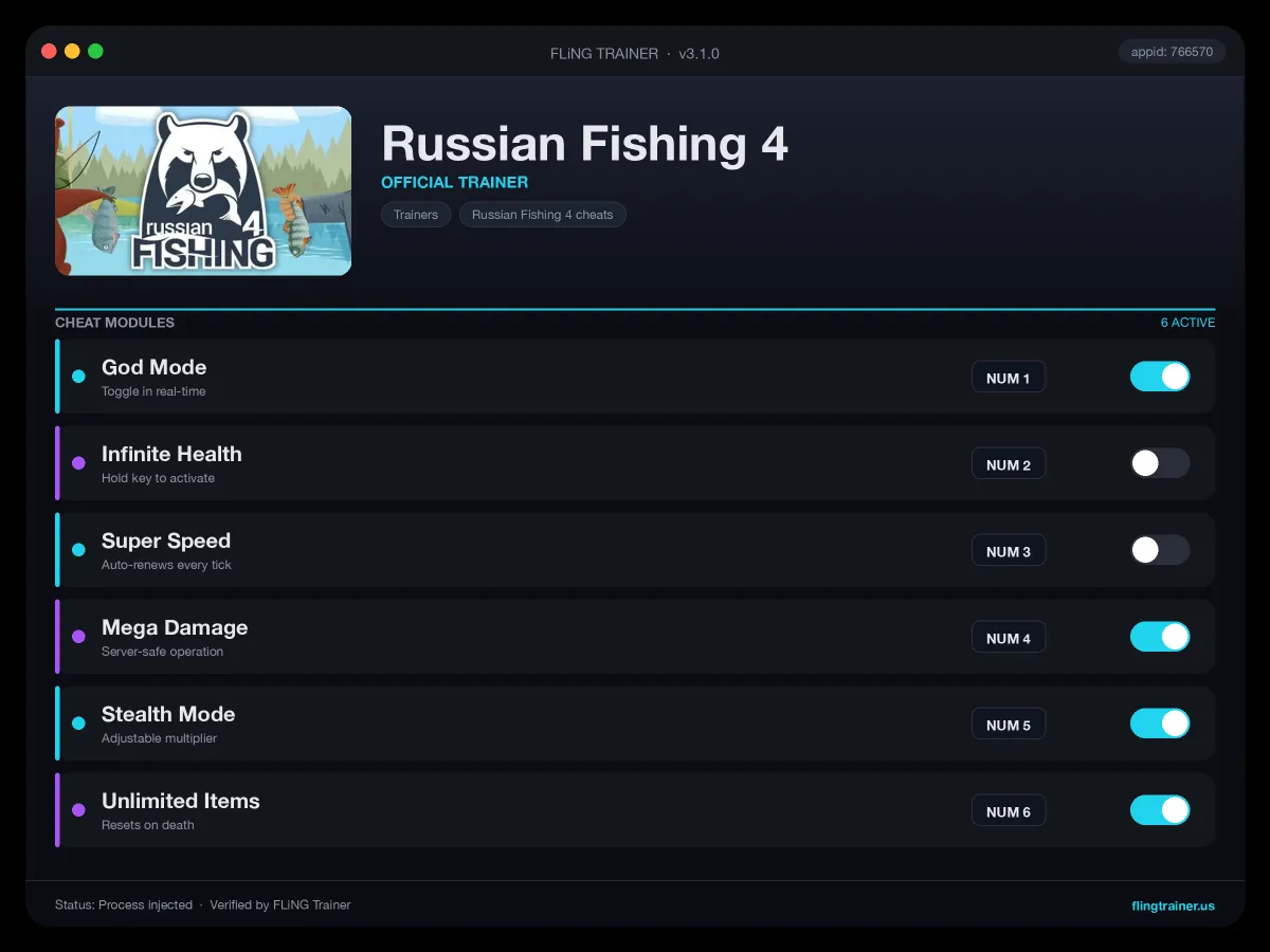Russian Fishing 4 Trainer interface