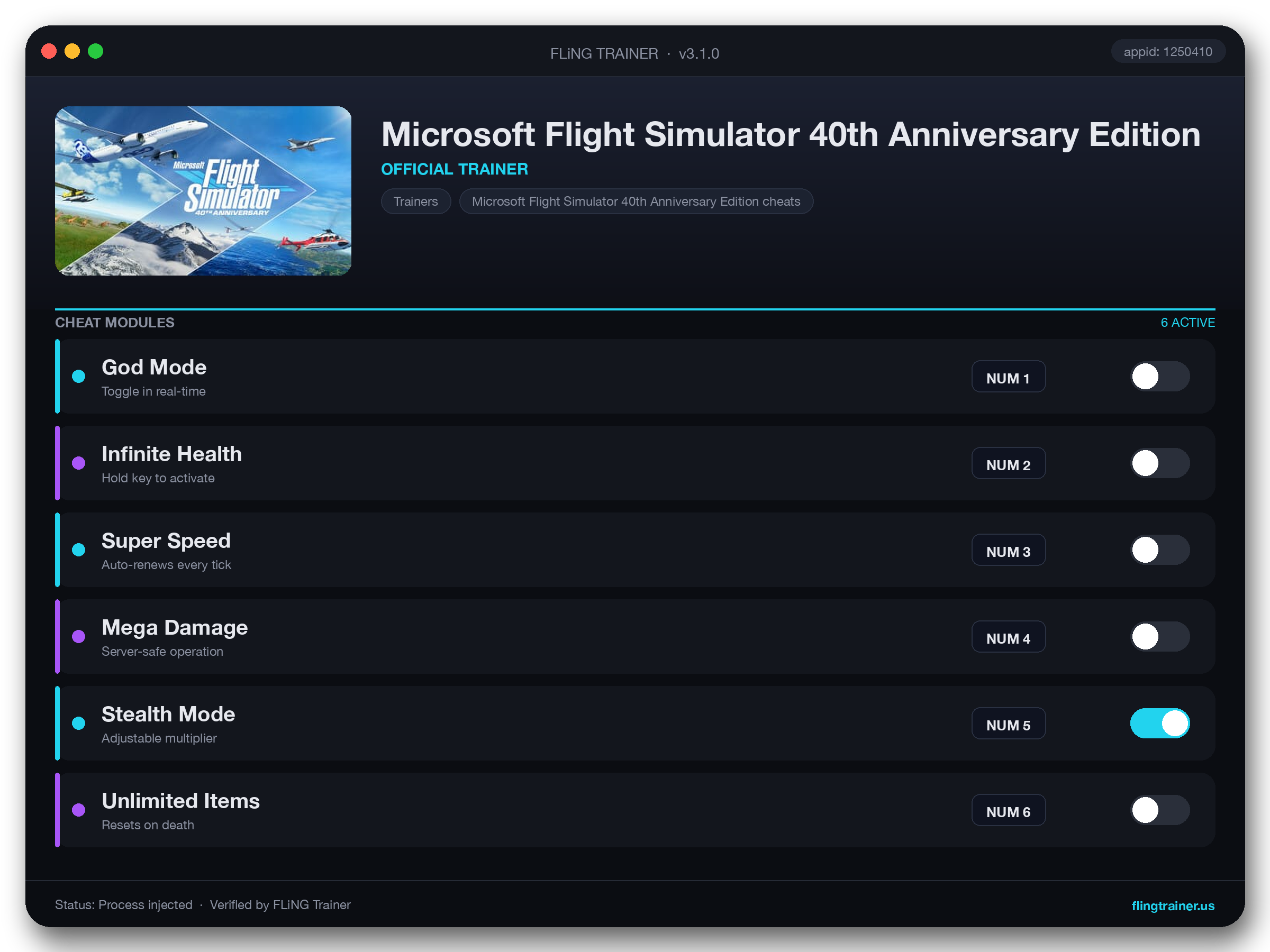 Microsoft Flight Simulator 40th Anniversary Edition Trainer interface