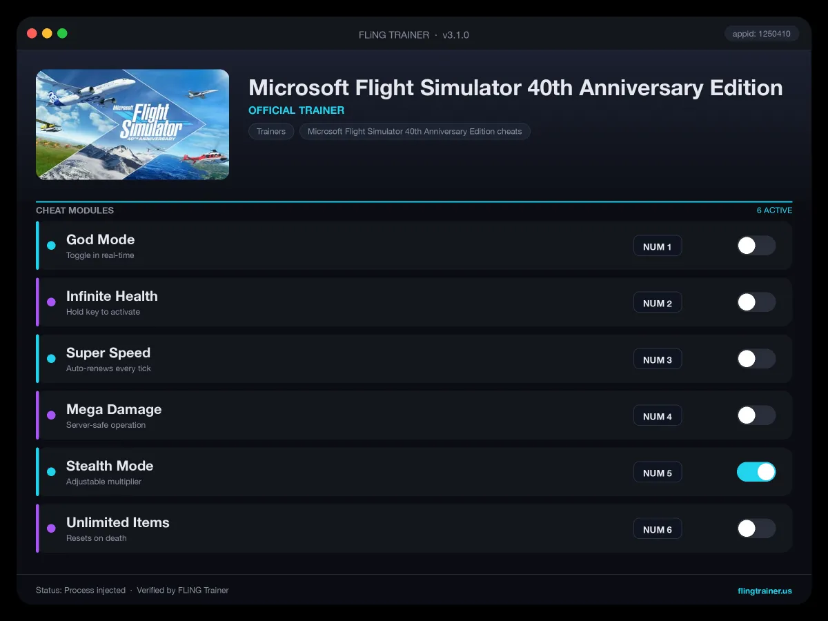 Microsoft Flight Simulator 40th Anniversary Edition Trainer interface
