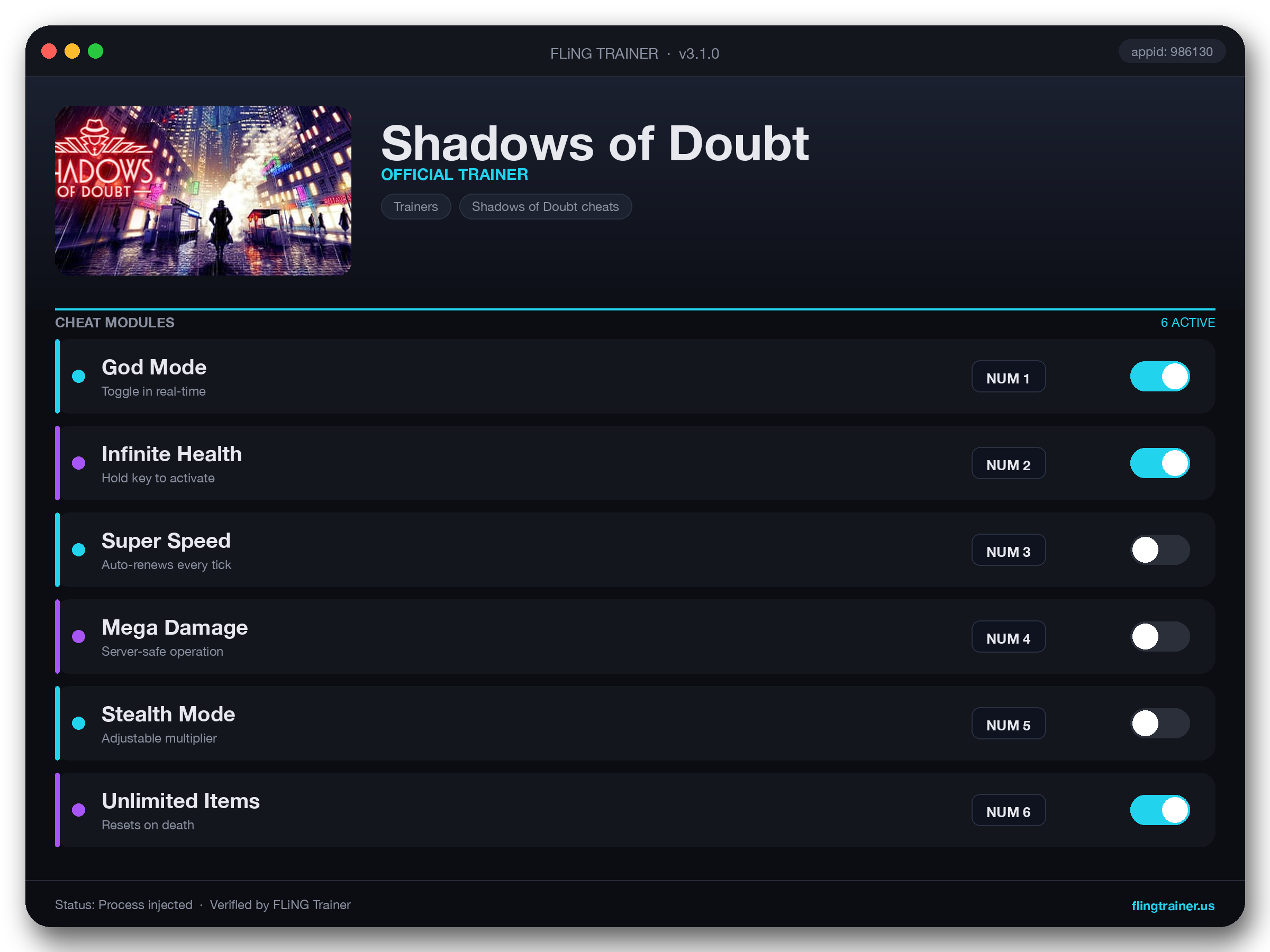 Shadows of Doubt Trainer interface