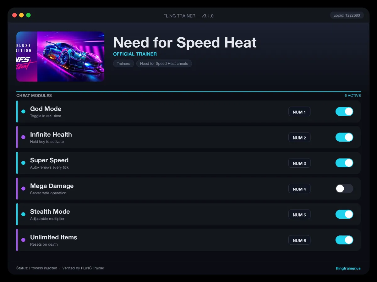 Need for Speed Heat Trainer interface