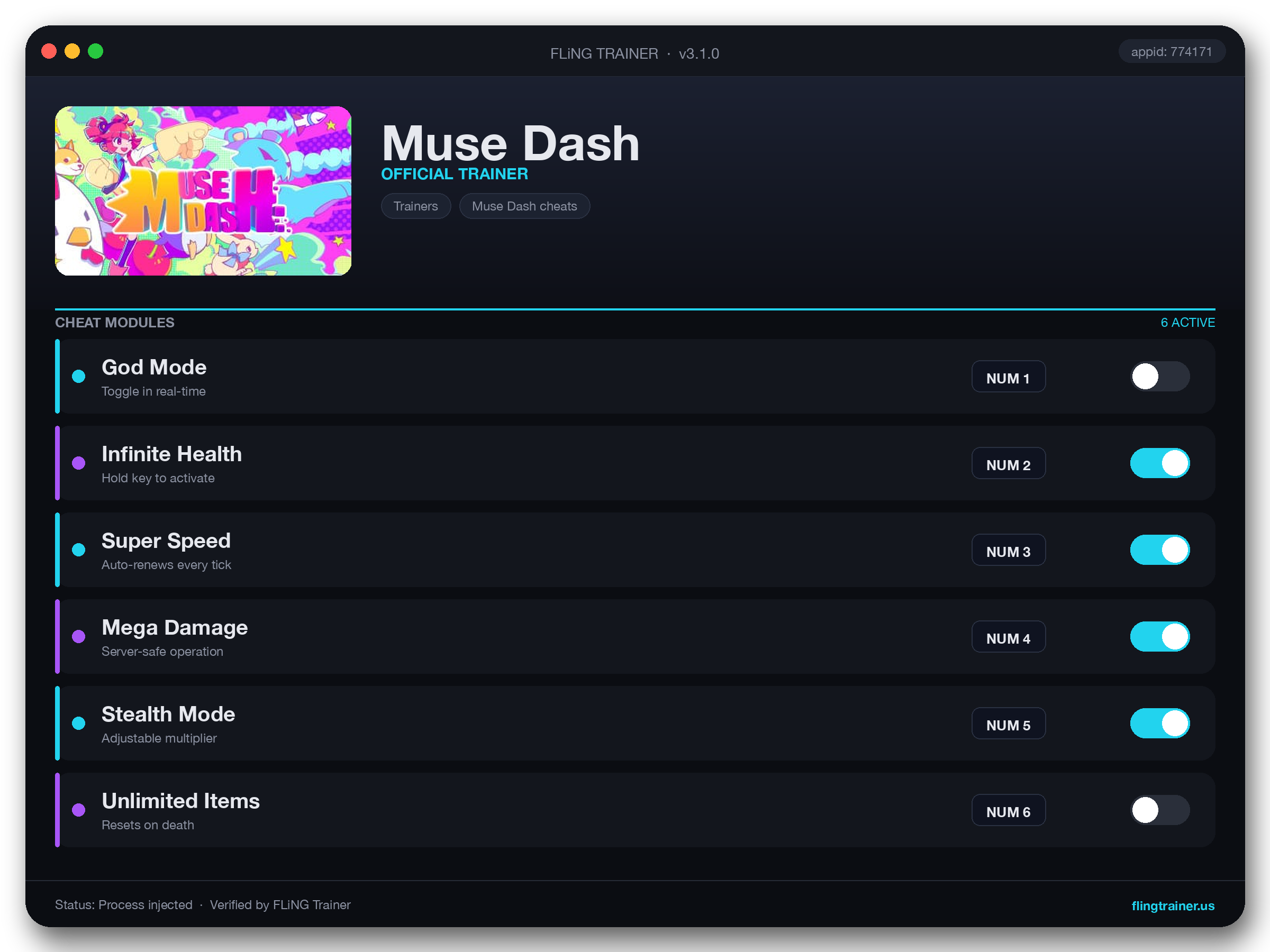Muse Dash Trainer interface