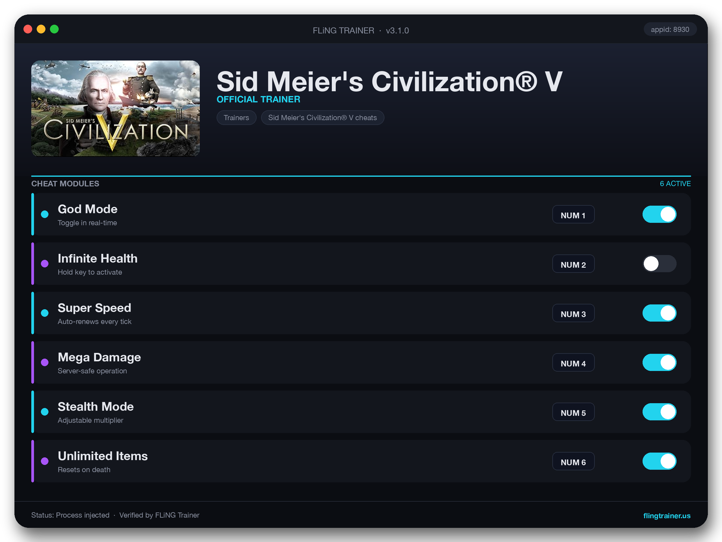 Sid Meier's Civilization® V Trainer interface