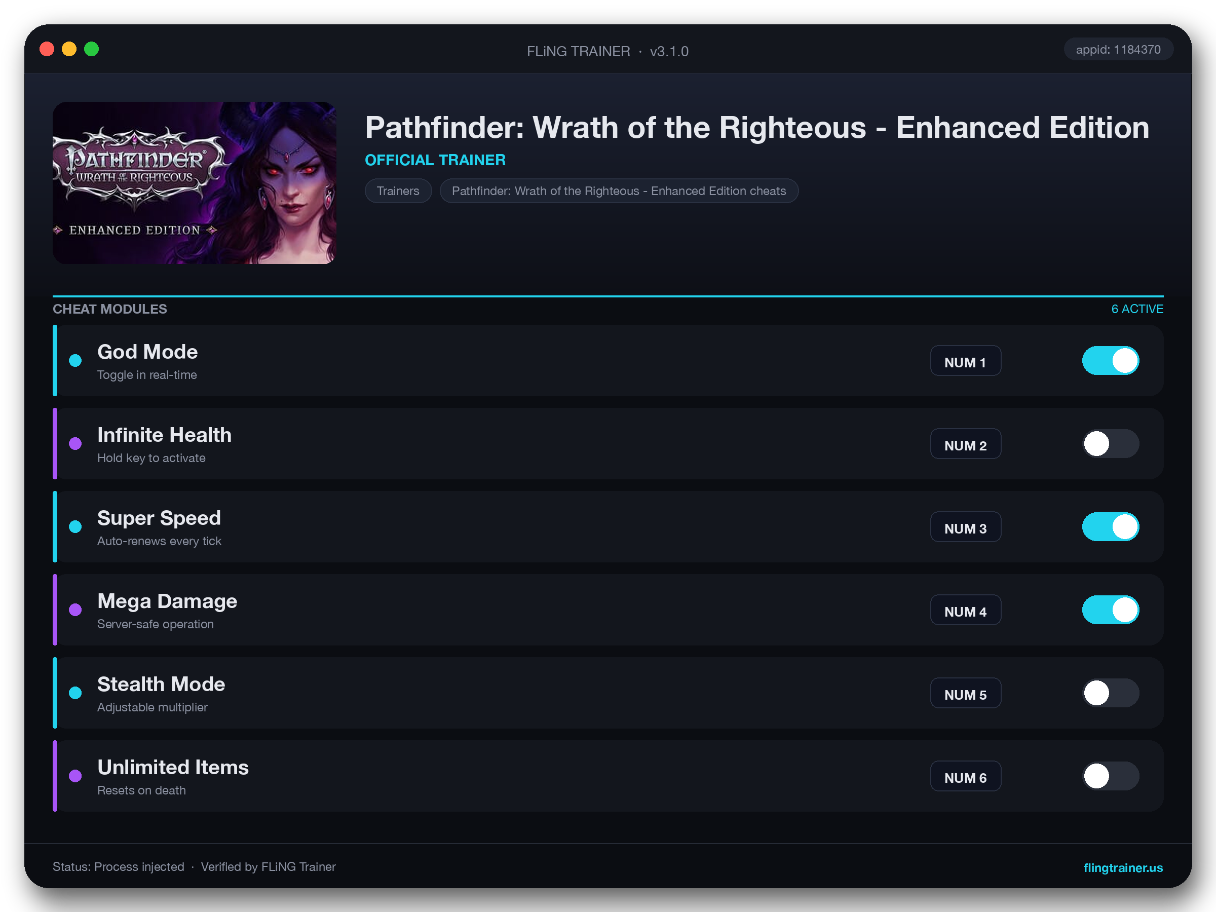 Pathfinder: Wrath of the Righteous - Enhanced Edition Trainer interface
