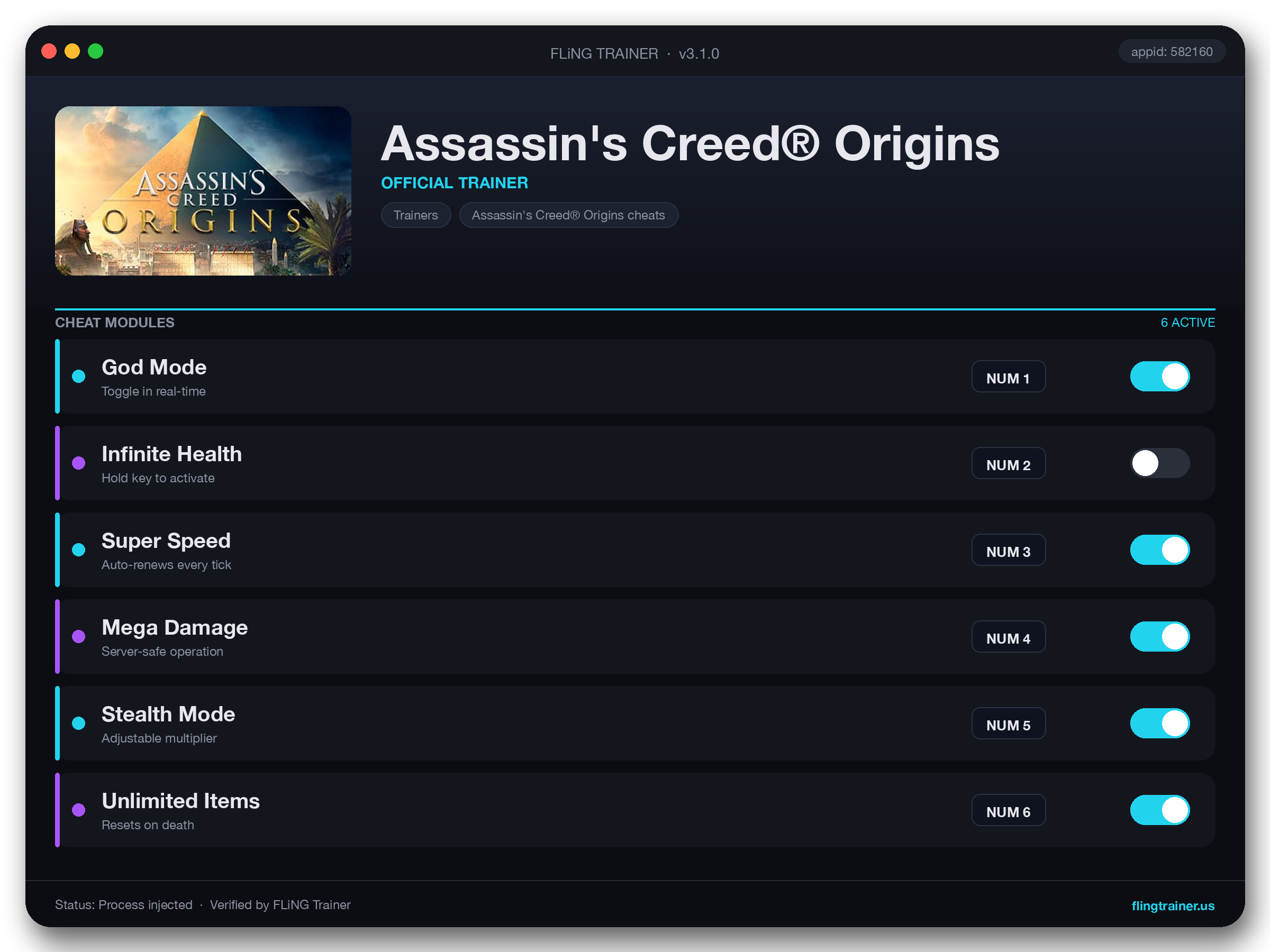 Assassin's Creed® Origins Trainer interface