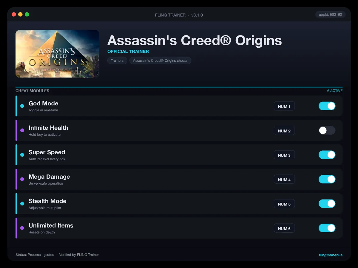 Assassin's Creed® Origins Trainer interface