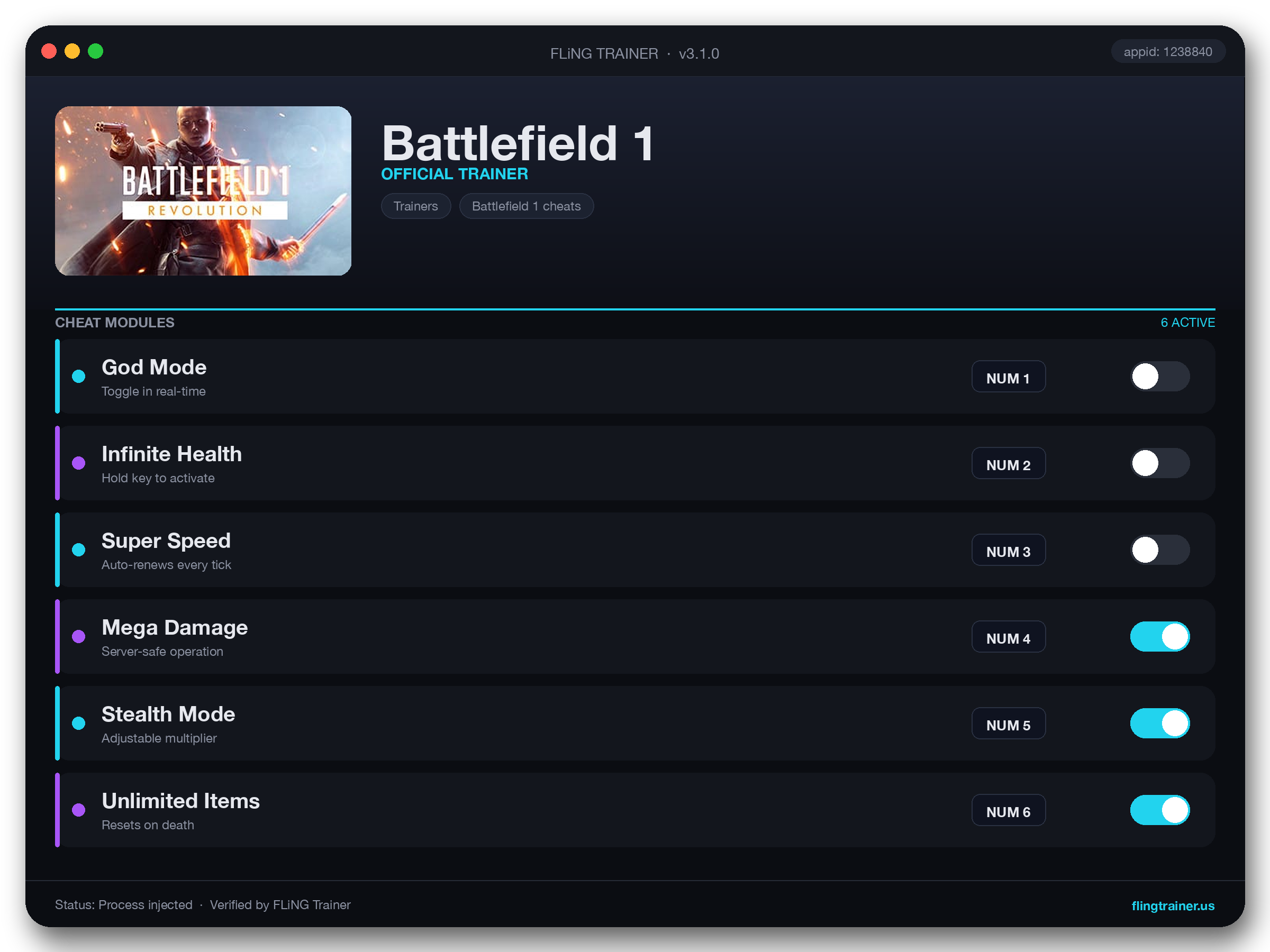 Battlefield 1 Trainer interface