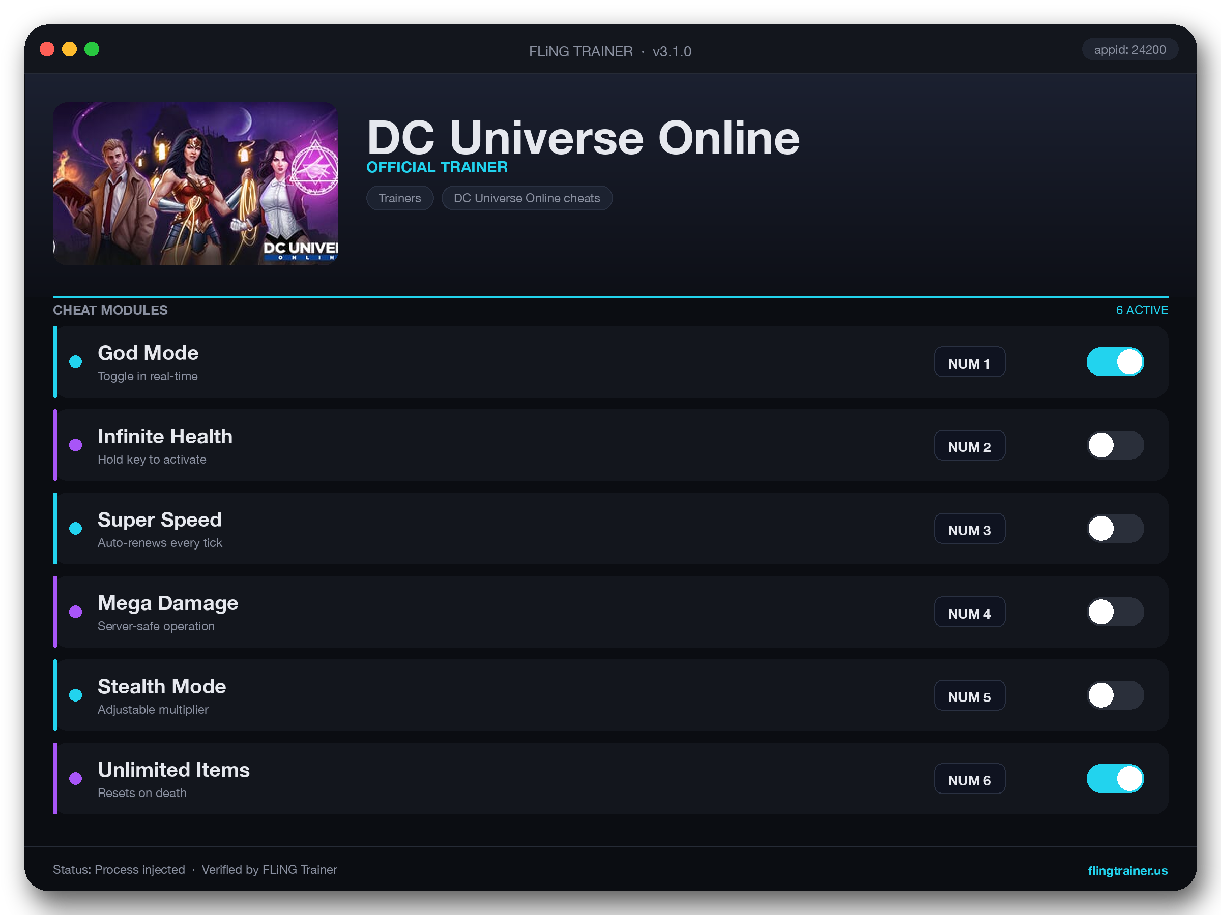 DC Universe Online Trainer interface
