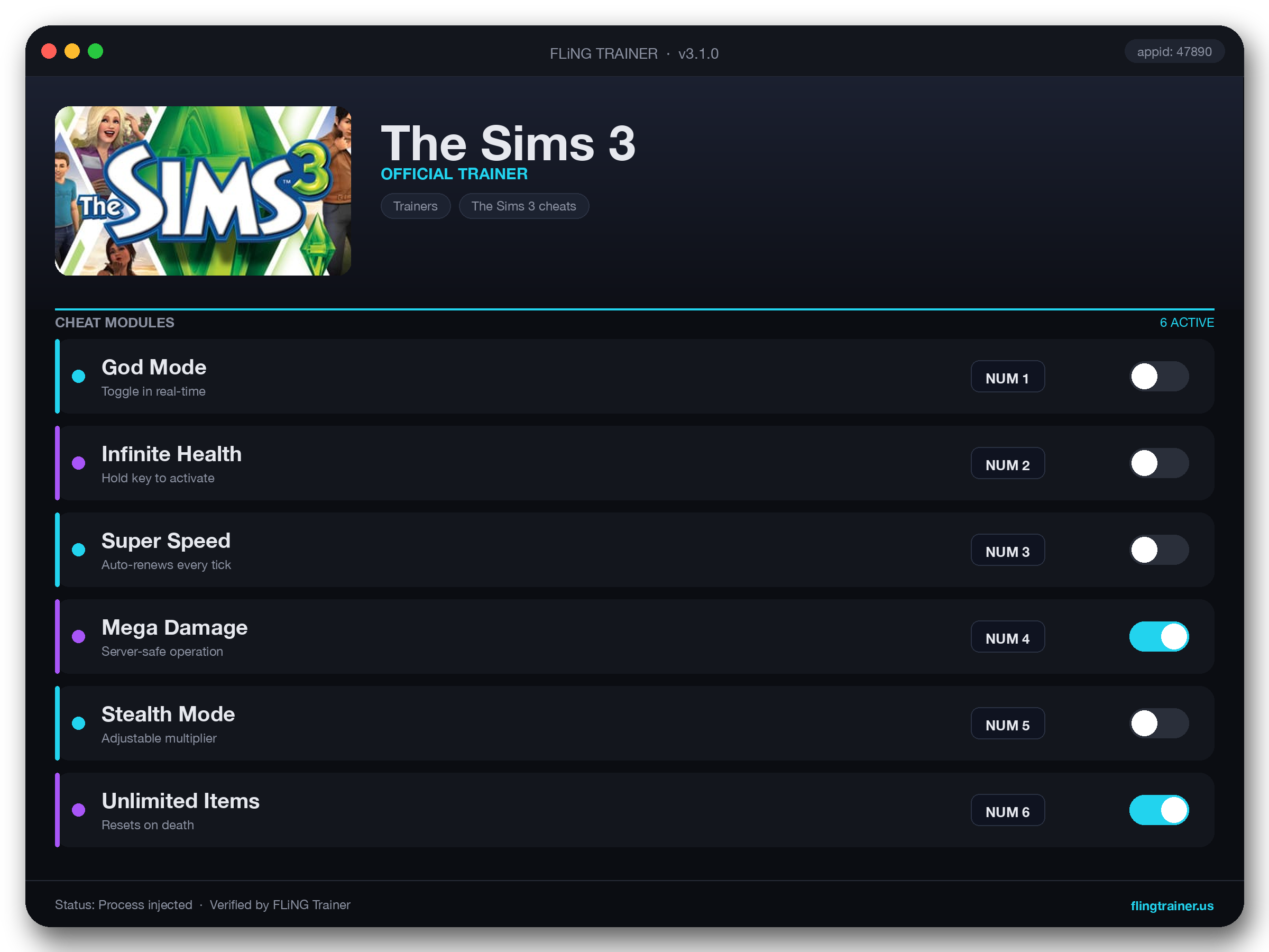 The Sims 3 Trainer interface