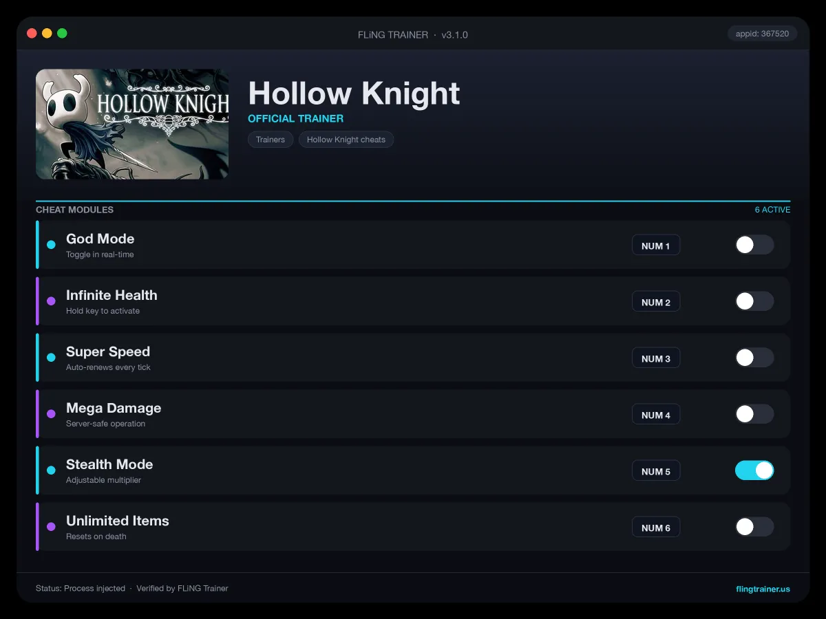 Hollow Knight Trainer interface